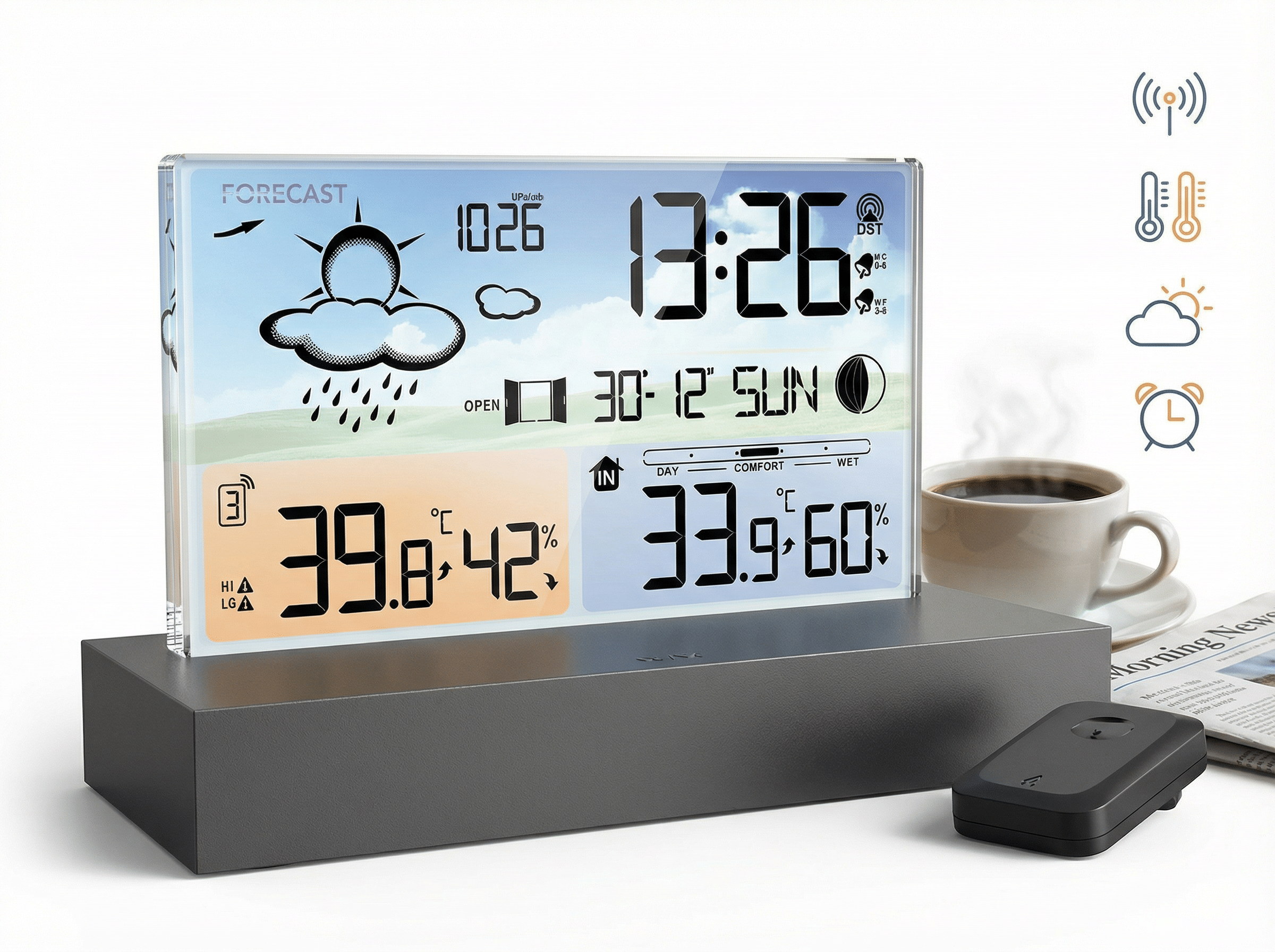 Digitaluhr zeigt 13:26 Uhr, 39.8°C und 42% Luftfeuchtigkeit an.