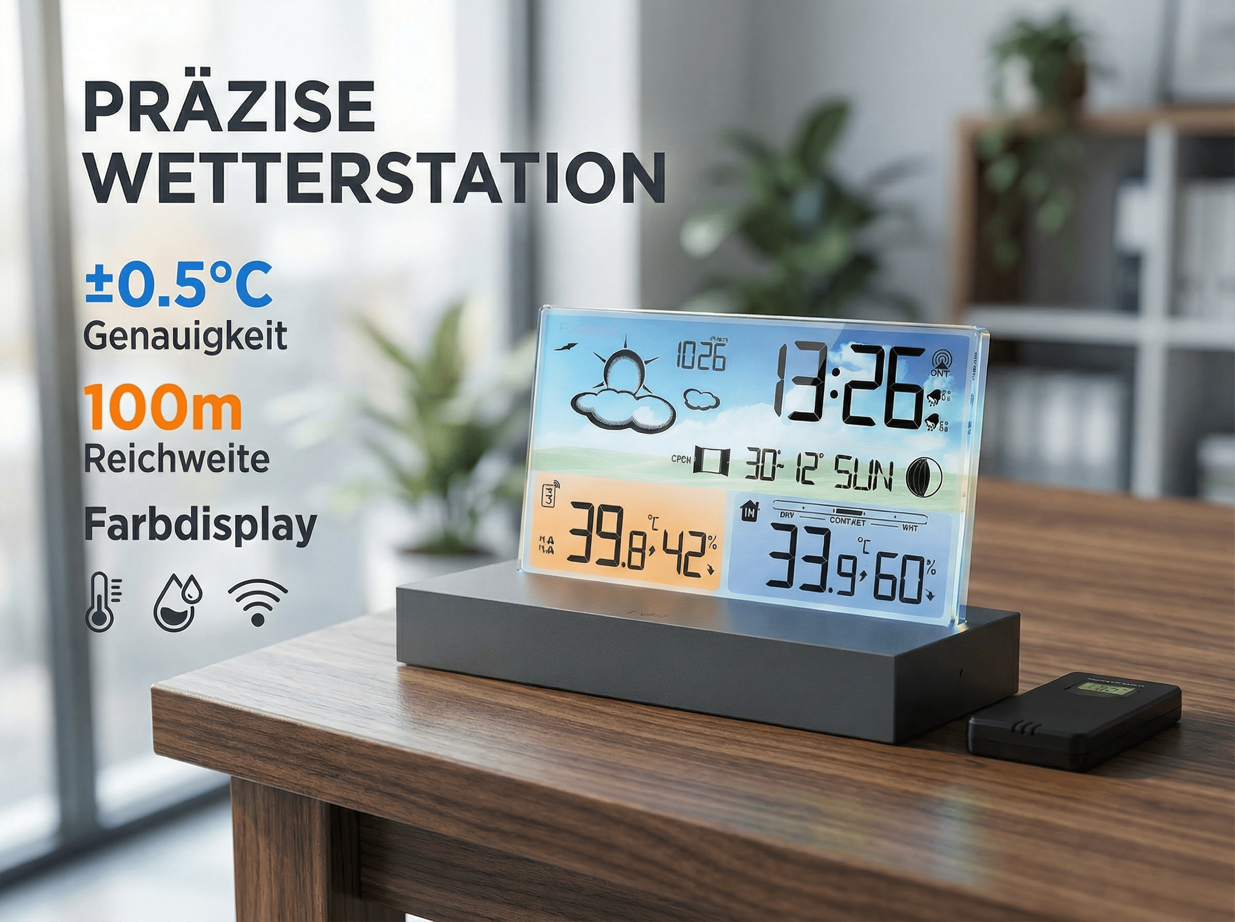 Eine Wetterstation zeigt Zeit, Temperatur und Luftfeuchtigkeit an.