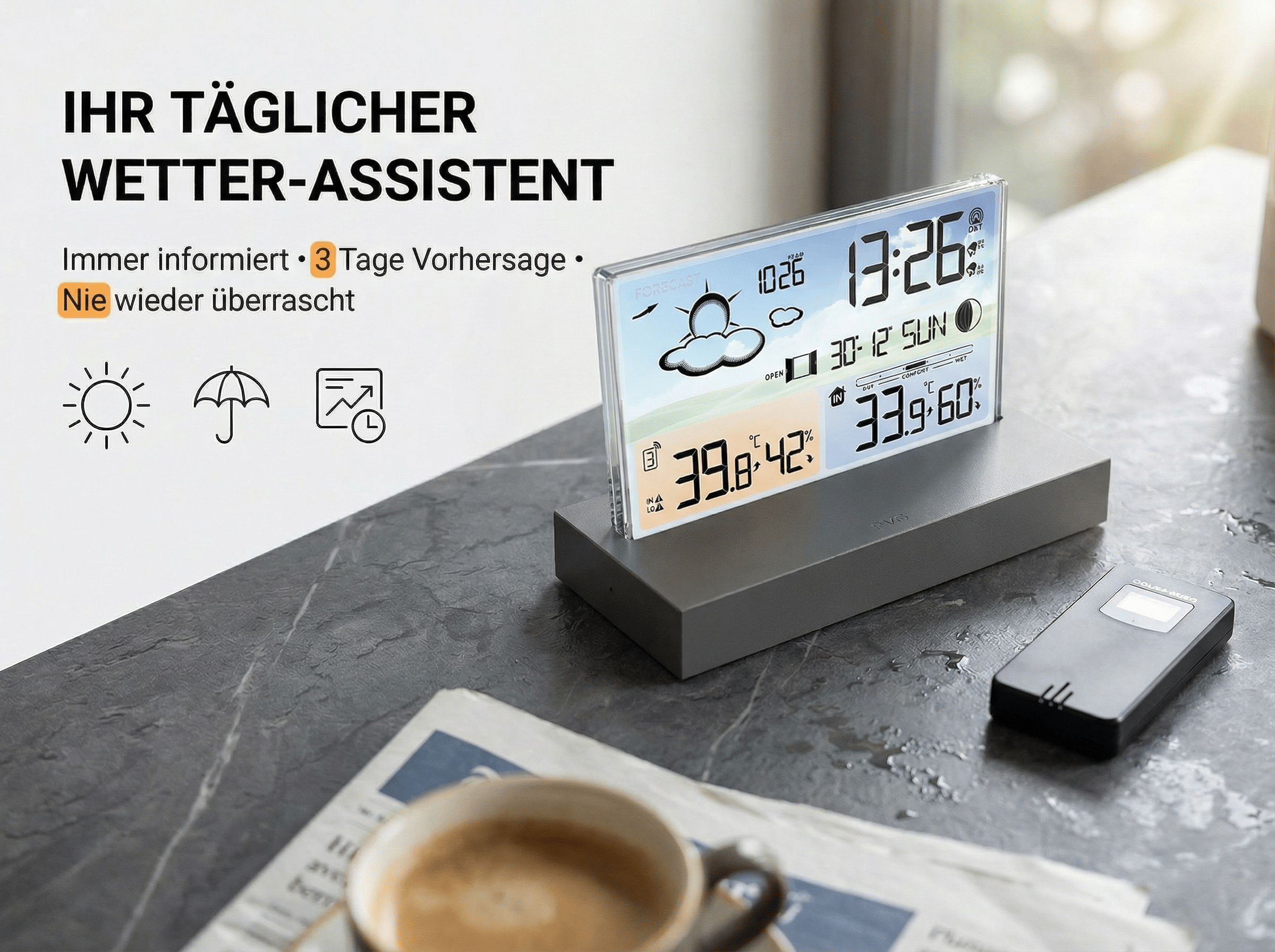 Ein digitales Wettergerät zeigt Zeit, Temperatur und Wettervorhersage an.