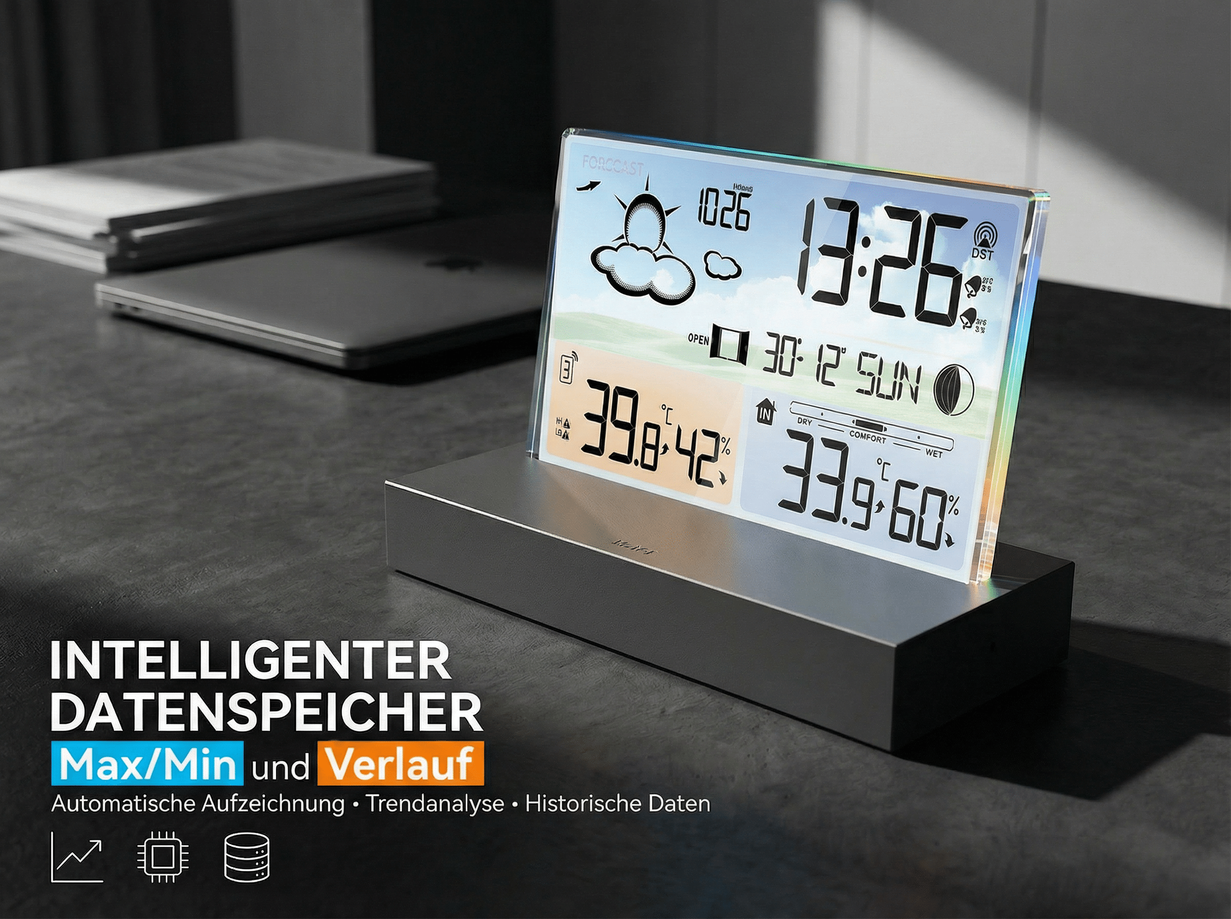Digitaler Wetterdatenlogger mit Zeit und Temperaturanzeige auf einem Schreibtisch.