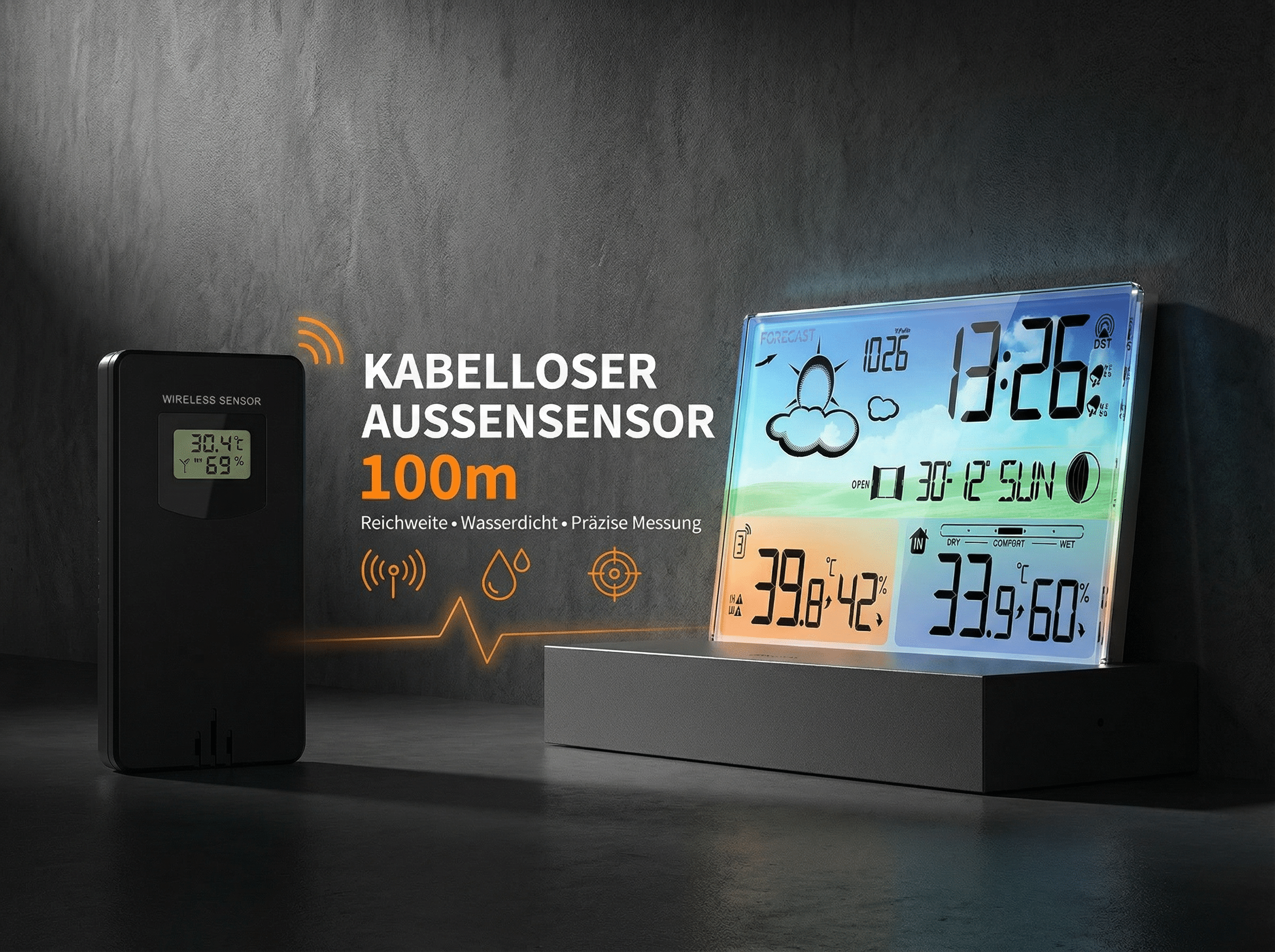 Ein schwarzer Funksensor steht neben einer Wetterstation, die Zeit und Wetter anzeigt.