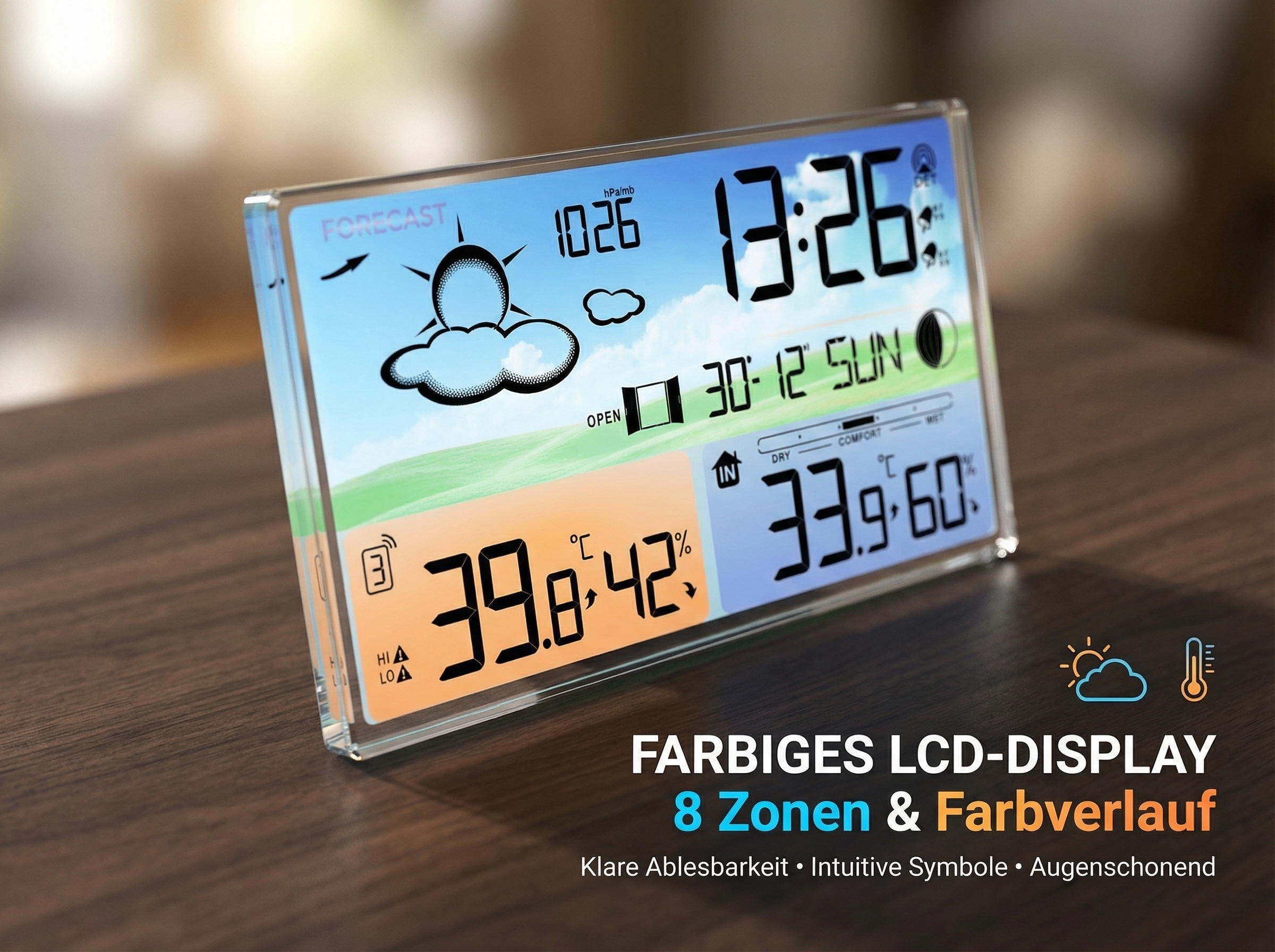 Digitaluhr mit Wettervorhersage zeigt 13:26 Uhr, 1026 hPa und 39.8°C/42% Feuchte.