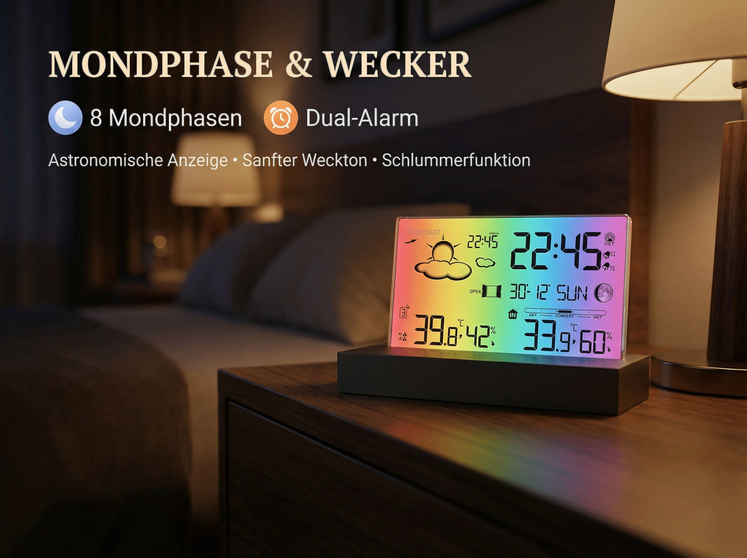 Ein digitaler Wecker mit farbigem Display zeigt Zeit, Wetter und Mondphasen an.