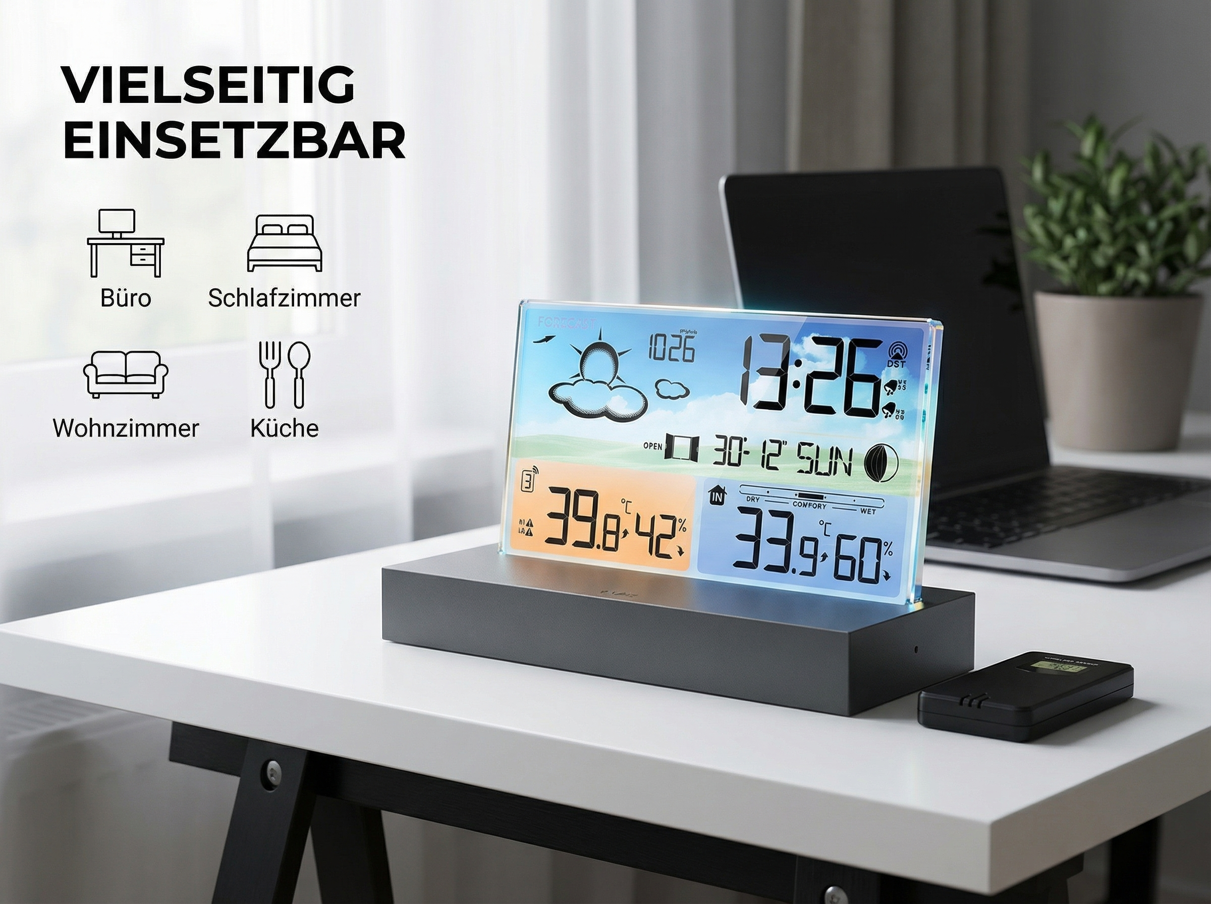 Digitale Wetterstation mit Uhrzeit, Temperatur und Luftfeuchtigkeit auf einem Tisch.