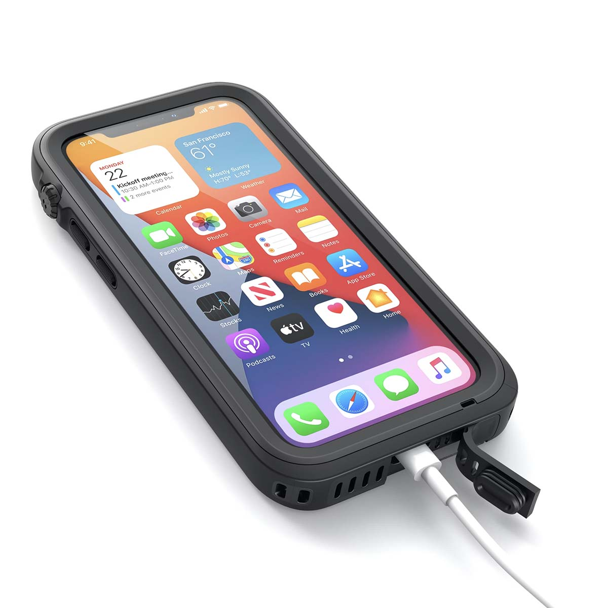 Een zwarte iPhone in een beschermhoes met een aangesloten oplaadkabel.