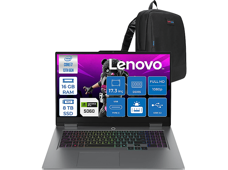 LENOVO LOQ 17IRX10 RTX5060 8GB FHD 165HZ W83JH009UTRF06 Intel Core i7-13700HX 16 GB RAM 8 TB SSD 17,3 inç FreeDOS Laptop+Çanta Gri