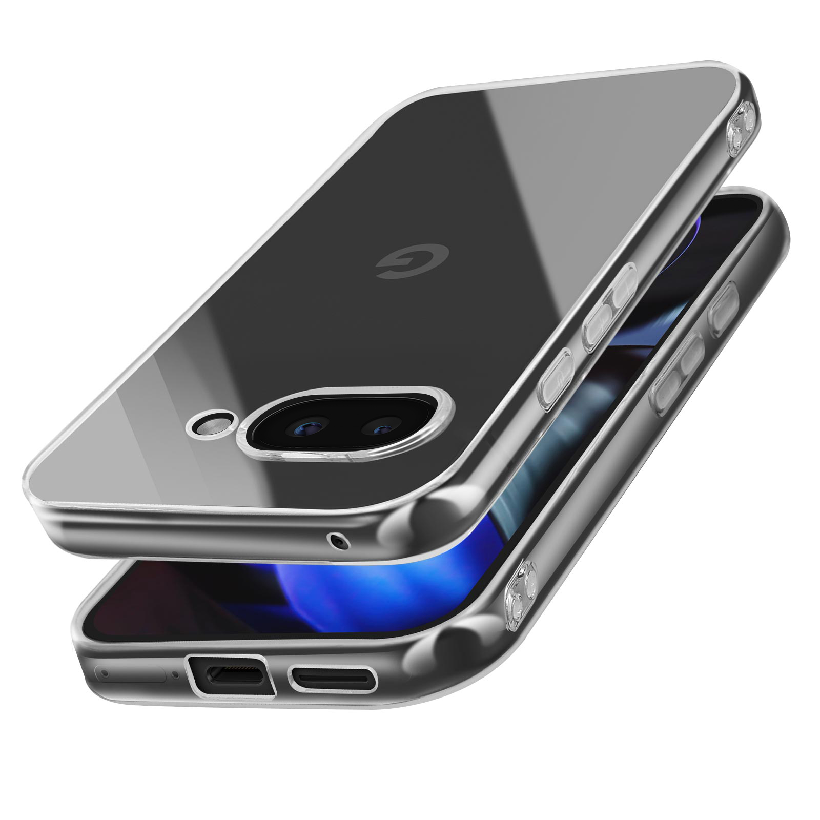 Una cover trasparente per telefono con logo G e doppia fotocamera.