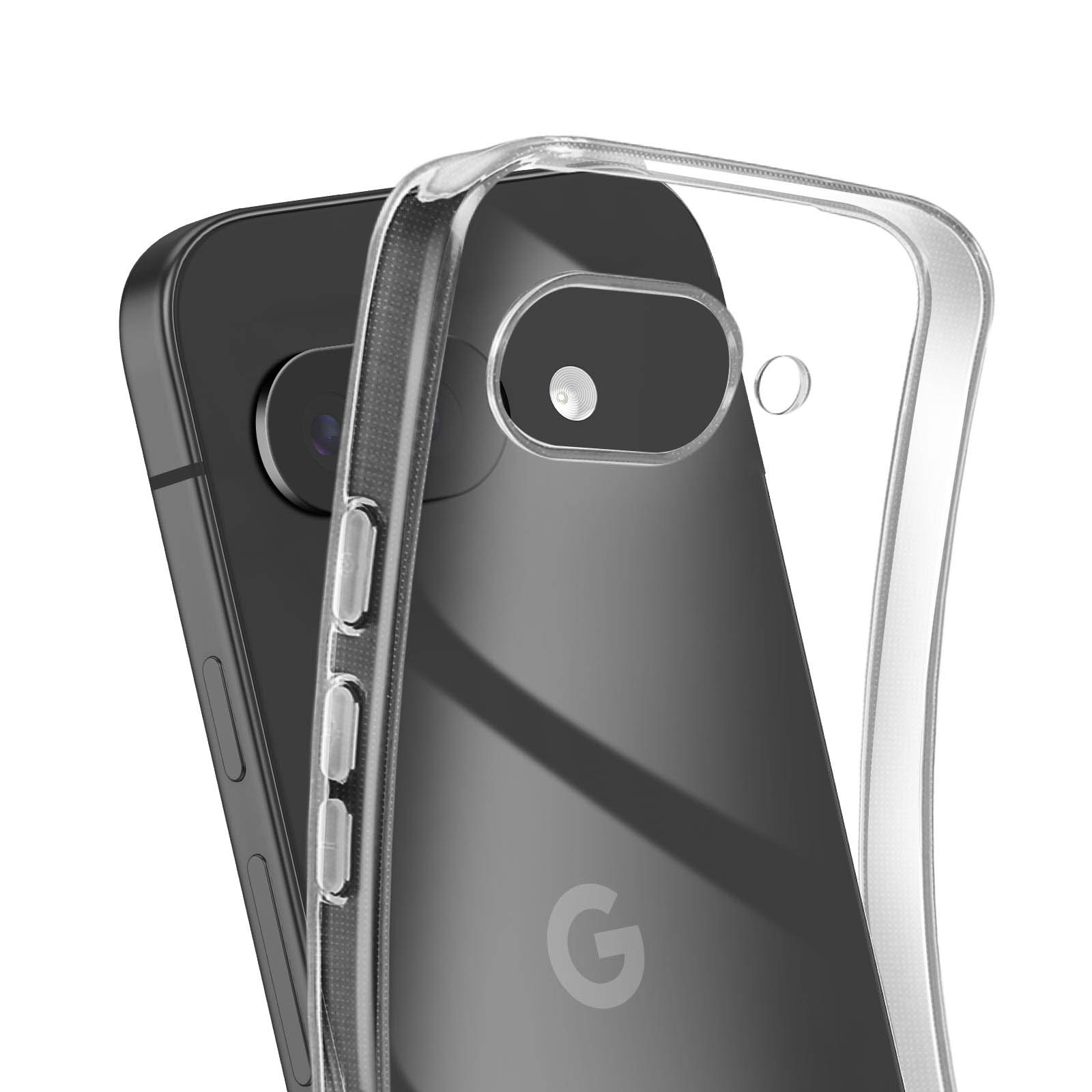 Custodia trasparente su smartphone scuro con fotocamera e logo Google.