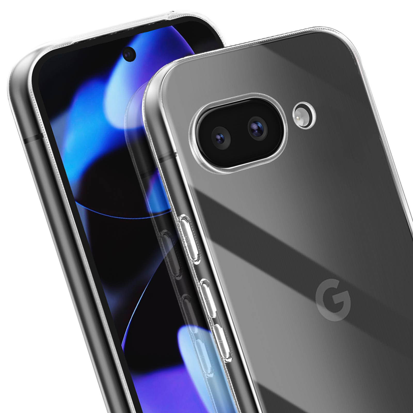 Due custodie trasparenti per telefono una accanto all'altra, una con fotocamera, l'altra con logo.