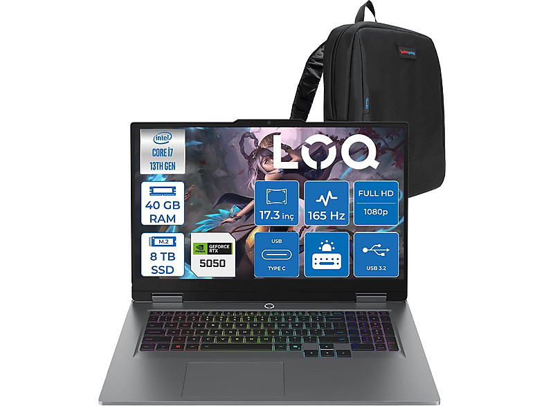 LENOVO LOQ 17IRX10 RTX5050 8GB FHD 165HZ W83JH006CTRF24 Intel Core i7-13650HX 40 GB RAM 8 TB SSD 17,3 inç FreeDOS Laptop+Çanta Gri