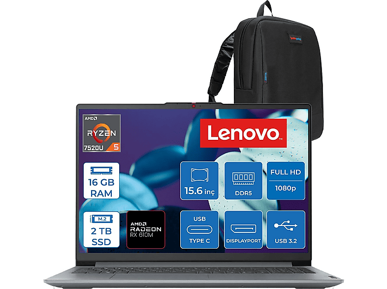 LENOVO Ideapad Slim 3 Radeon/610M 82XQ00SFTXF11 AMD Ryzen 5-7520U 16 GB RAM 2 TB SSD 15,6 inç FreeDOS Laptop+Çanta Gri