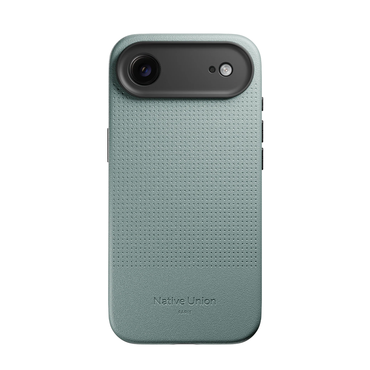 Custodia verde per telefono con texture perforata e modulo fotocamera nero.