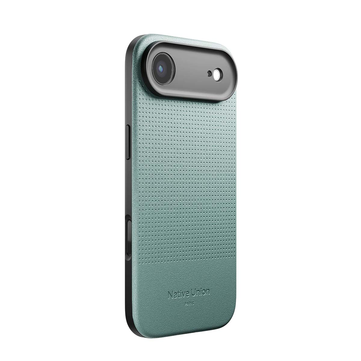Una custodia per telefono verde acqua con texture a pois e ritaglio per fotocamera.