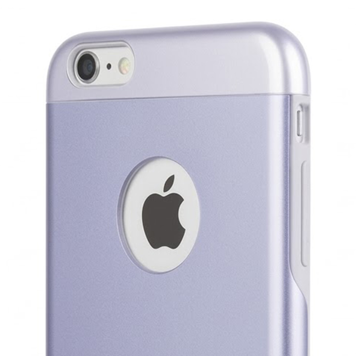 Retro di una custodia viola per iPhone con logo Apple e fotocamera.