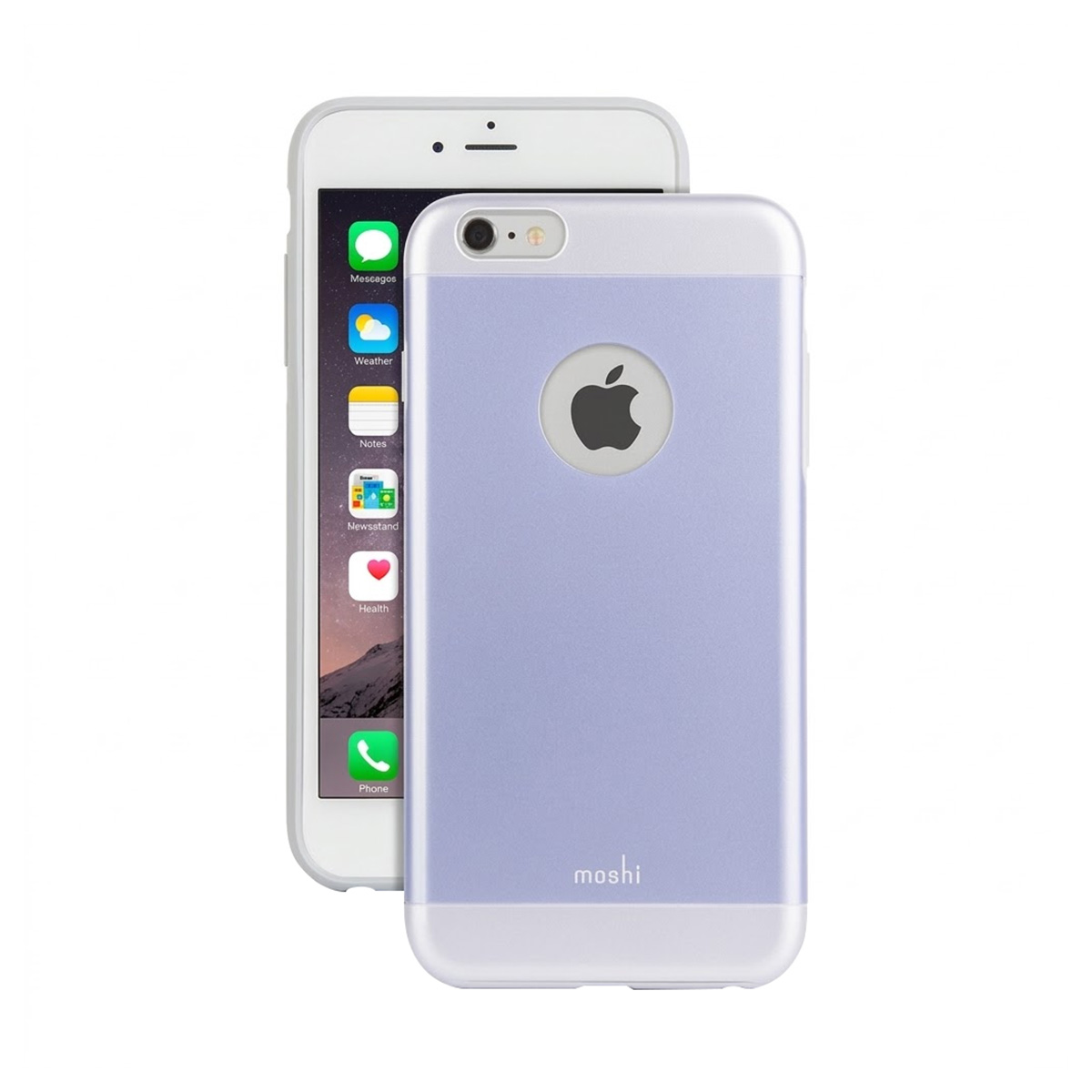Un iPhone viola e bianco con una custodia che mostra il logo Apple.