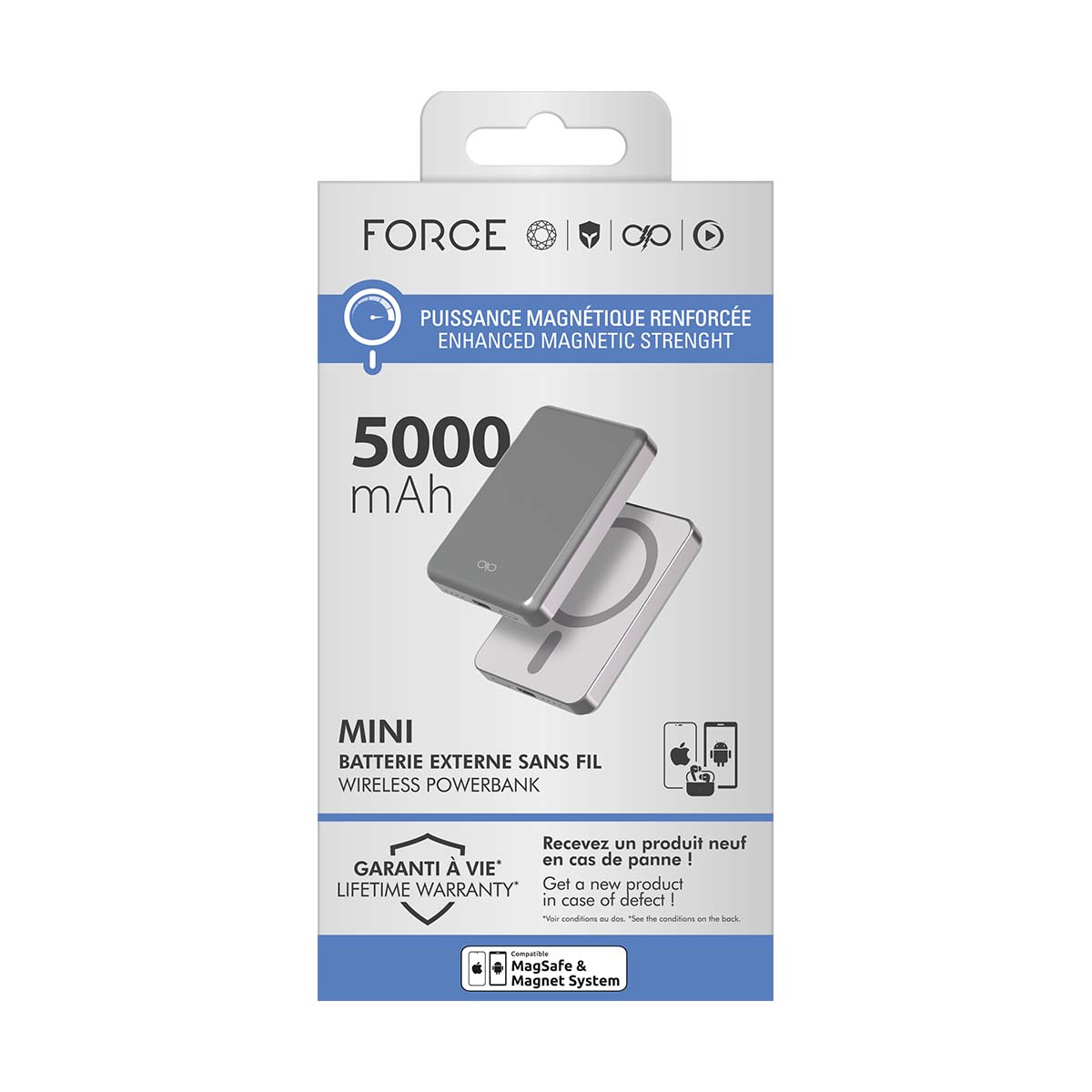 Confezione di un mini powerbank wireless da 5000 mAh con MagSafe.