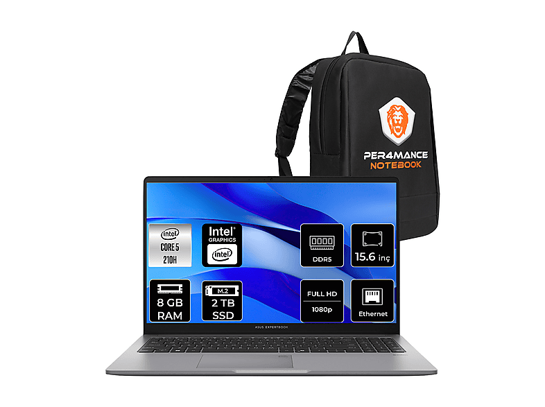 ASUS EB P1 FHD P150316512G0DP304 Intel® Core™ 5 210H 8 GB RAM 2 TB SSD 15,6 inç FreeDOS Laptop+Çanta Misty Grey