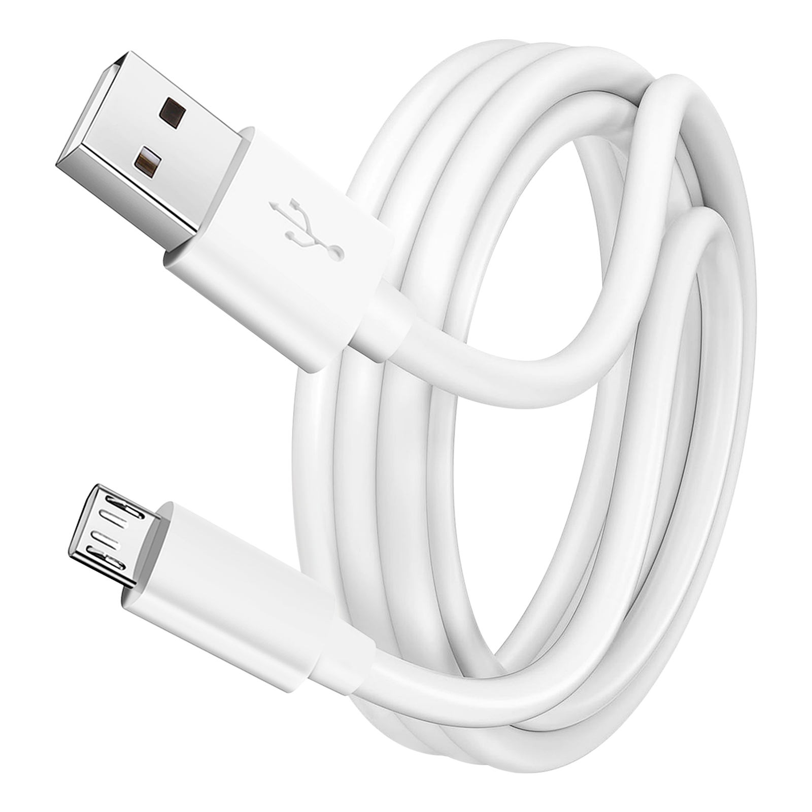 Un cavo USB bianco con un connettore USB standard e un connettore micro USB.