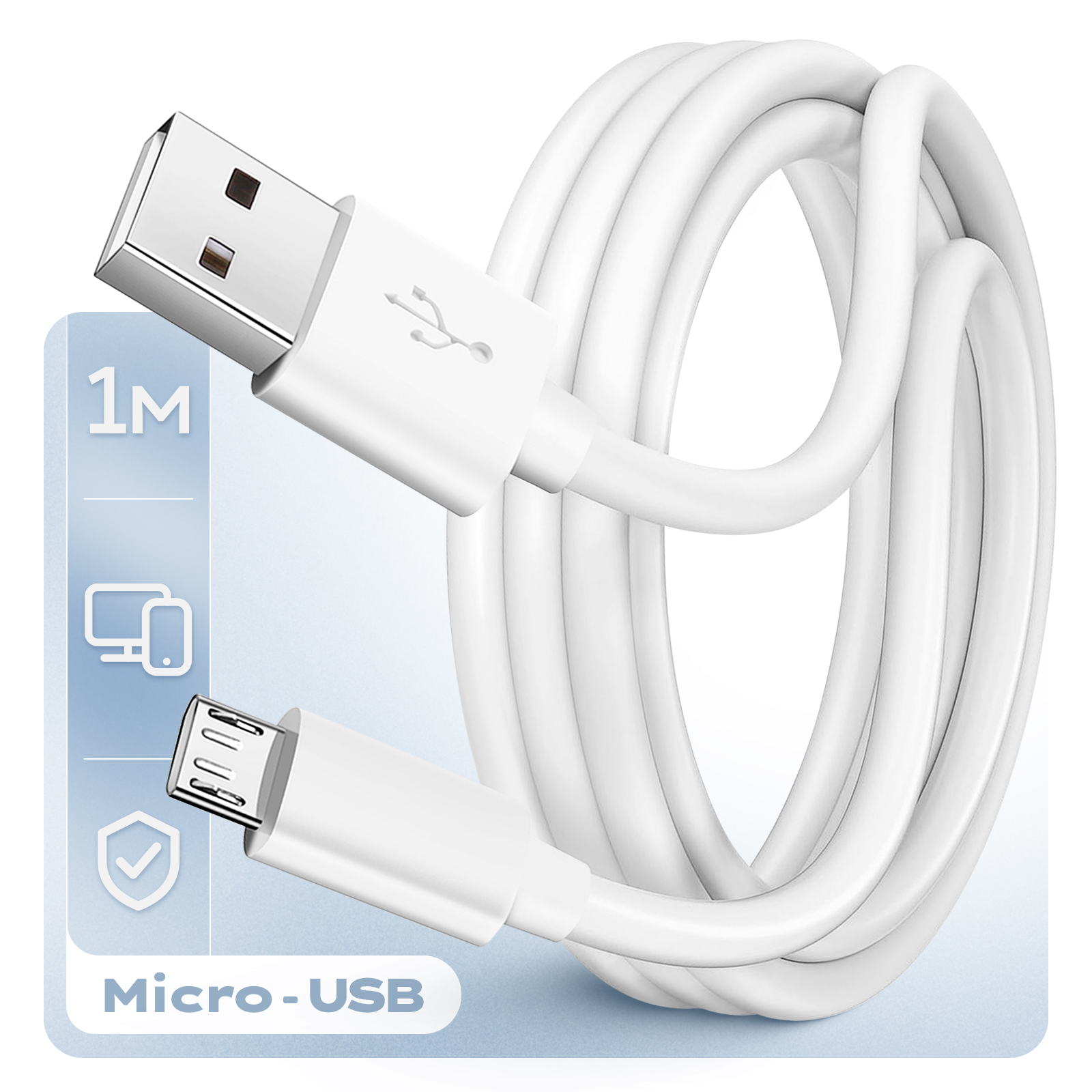 Un cavo micro-USB bianco da 1M arrotolato, con connettori USB e micro-USB visibili.