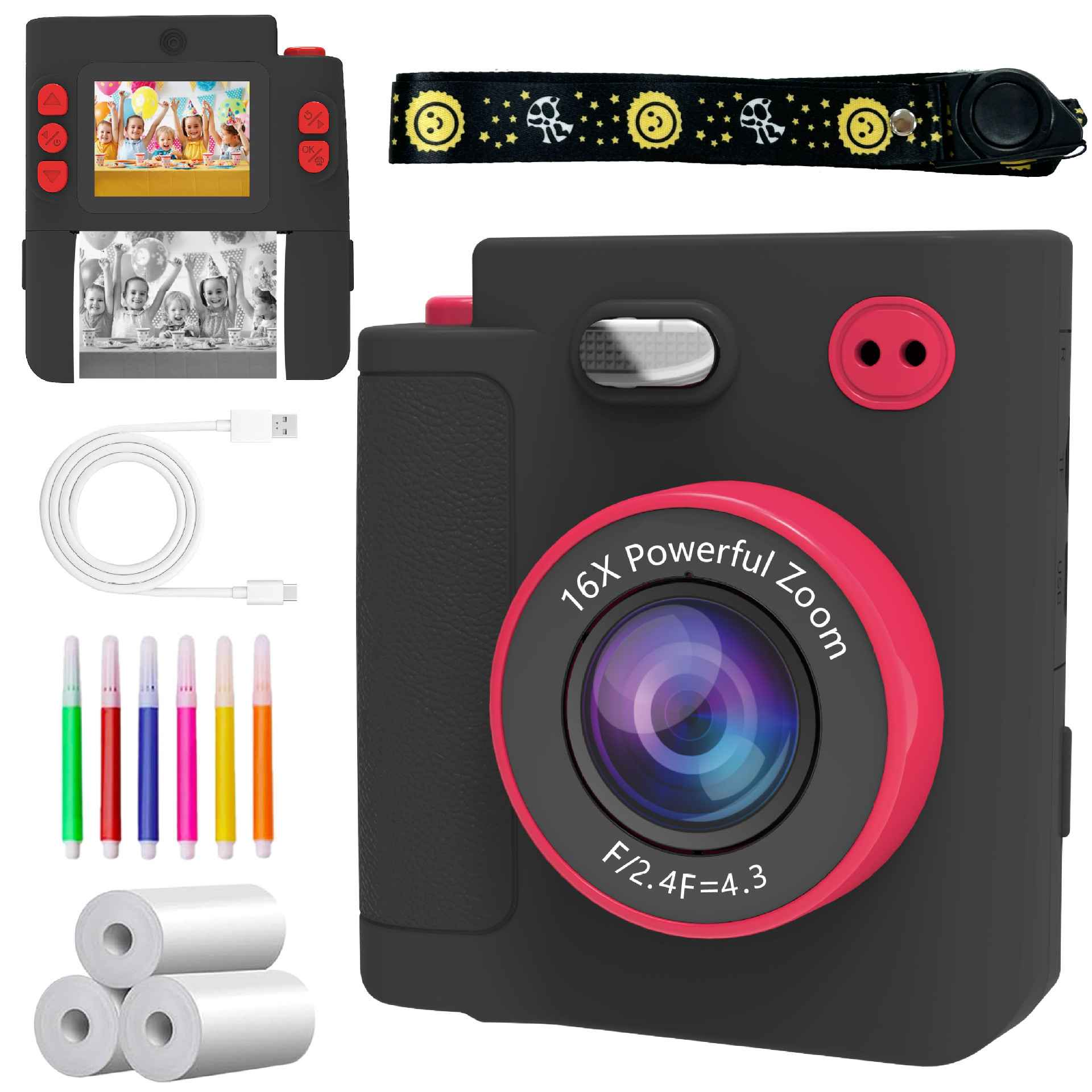 Ein schwarzer Kinderkamera-Set mit Schnur, Ladekabel, Stiften und Papierrollen.
