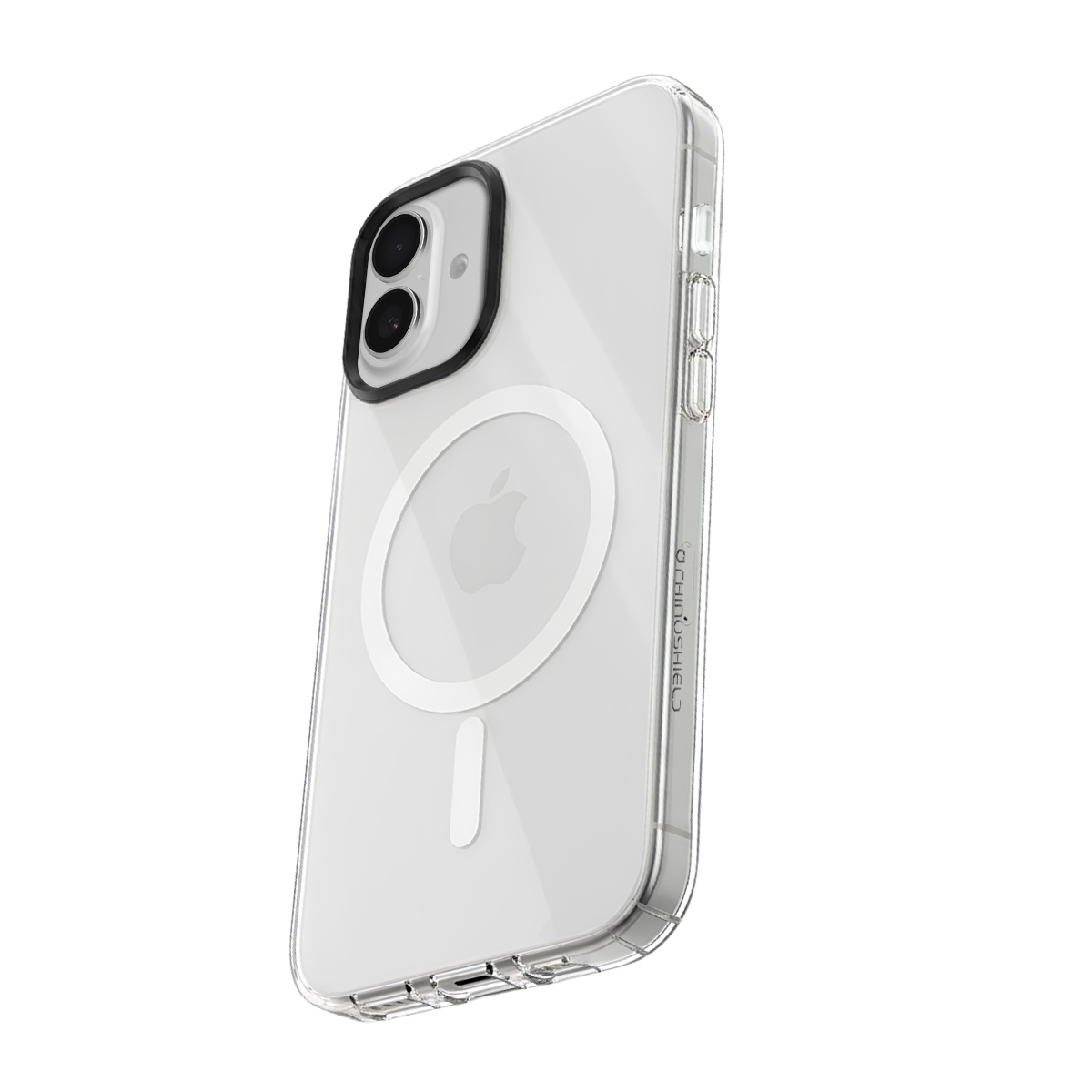 Transparante iPhone hoes met MagSafe cirkel en Apple logo.