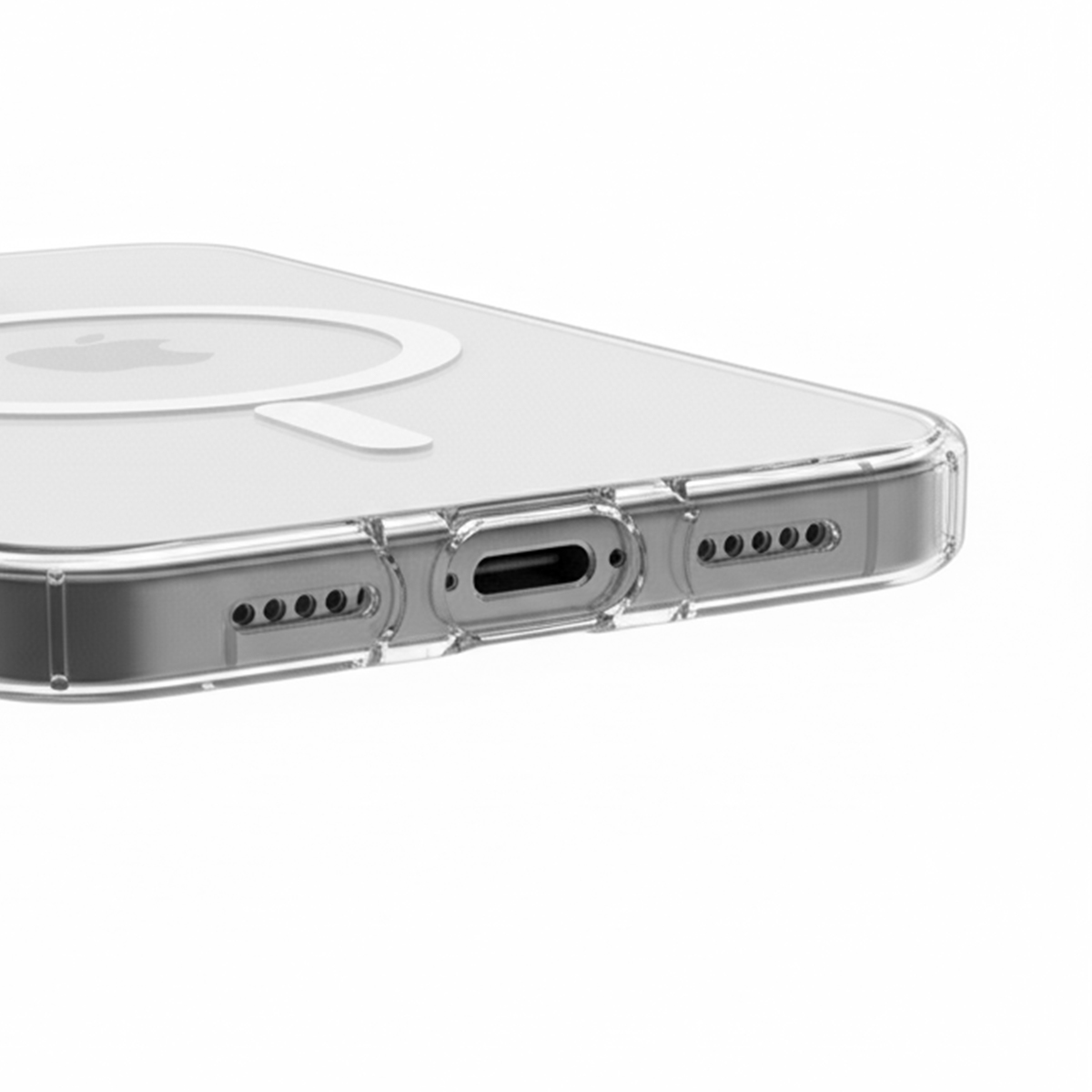 Doorzichtige telefoonhoes met oplaadpoort en luidsprekeropeningen.