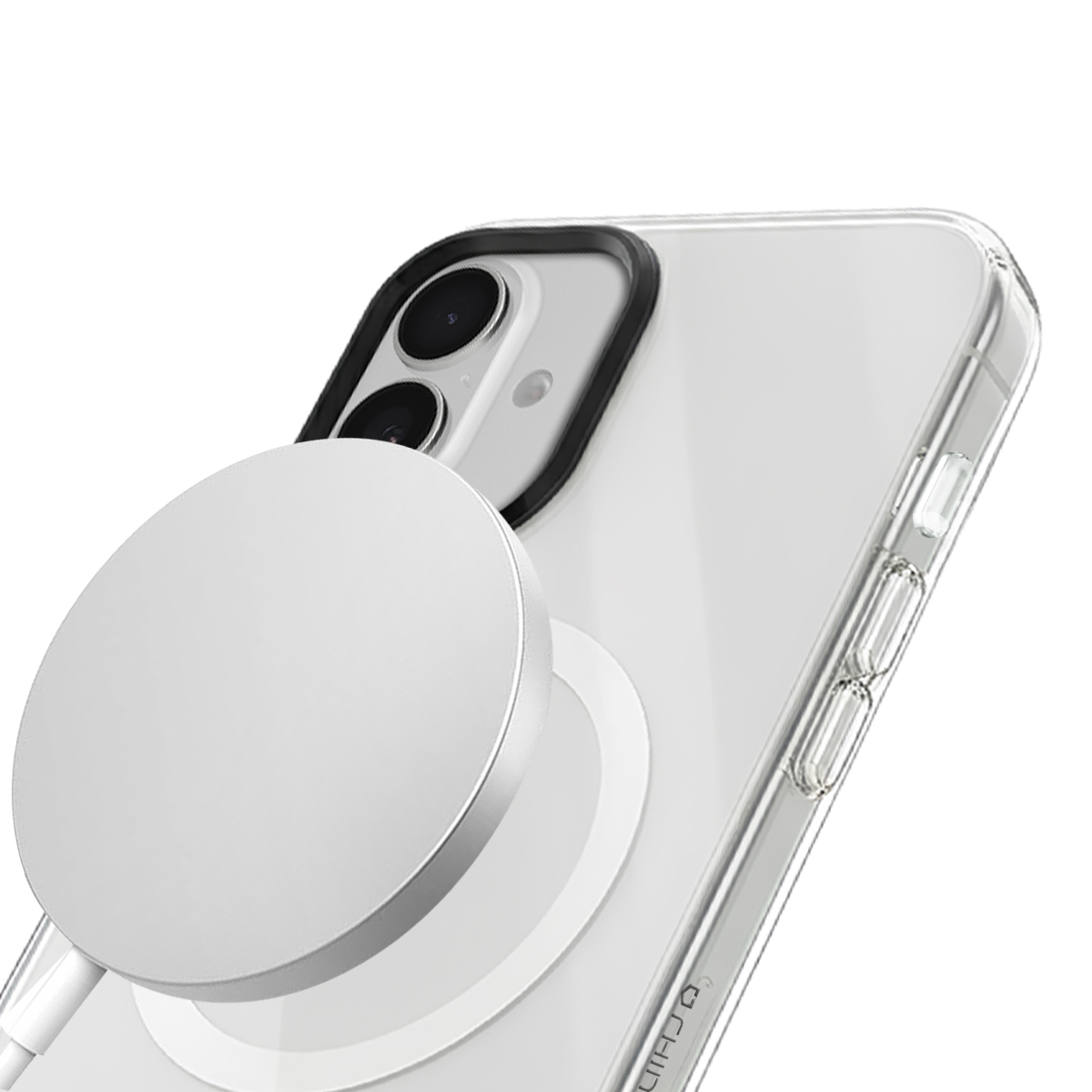 Een zilveren magnetische oplader is bevestigd aan de achterkant van een doorzichtige iPhone-hoes.