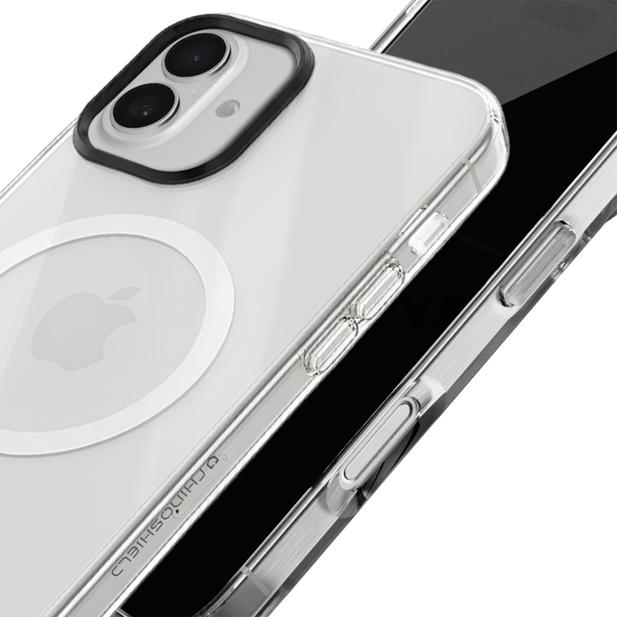 Doorzichtige telefoonhoes met Apple-logo, toont dubbele camera's en zijknopjes.