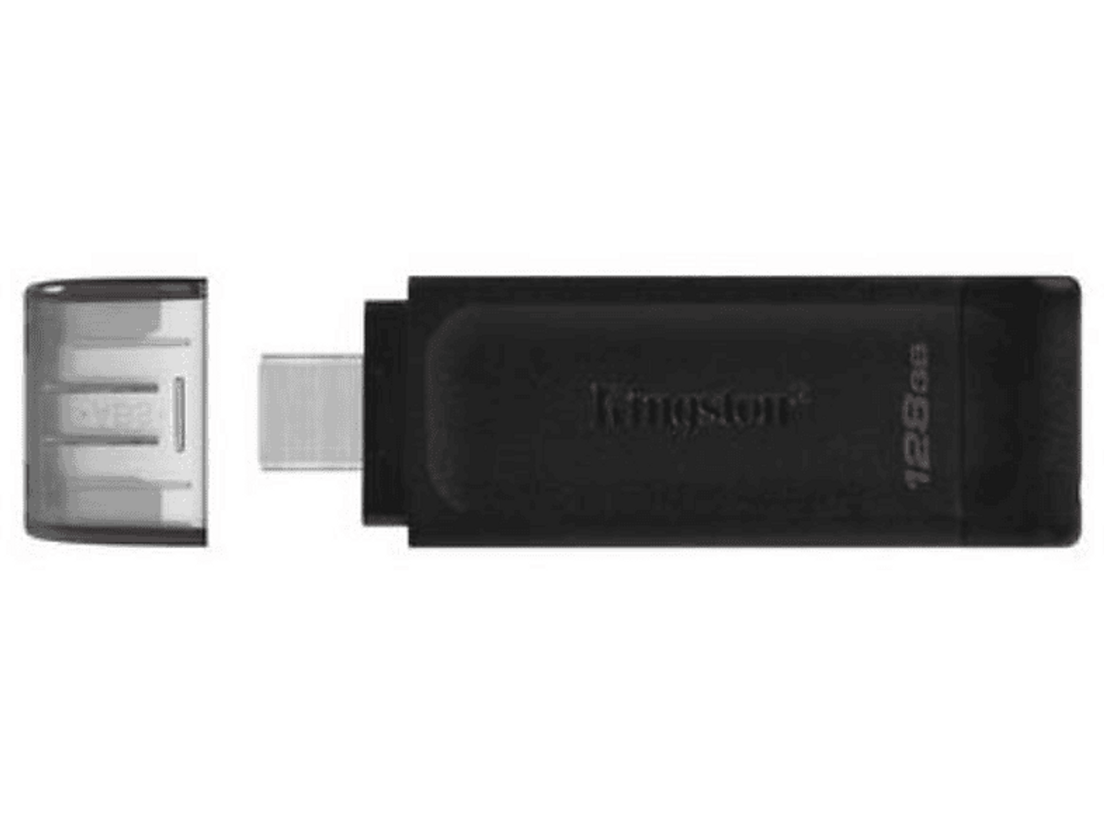Czarny pendrive Kingston 128 GB ze zdejmowaną nasadką.