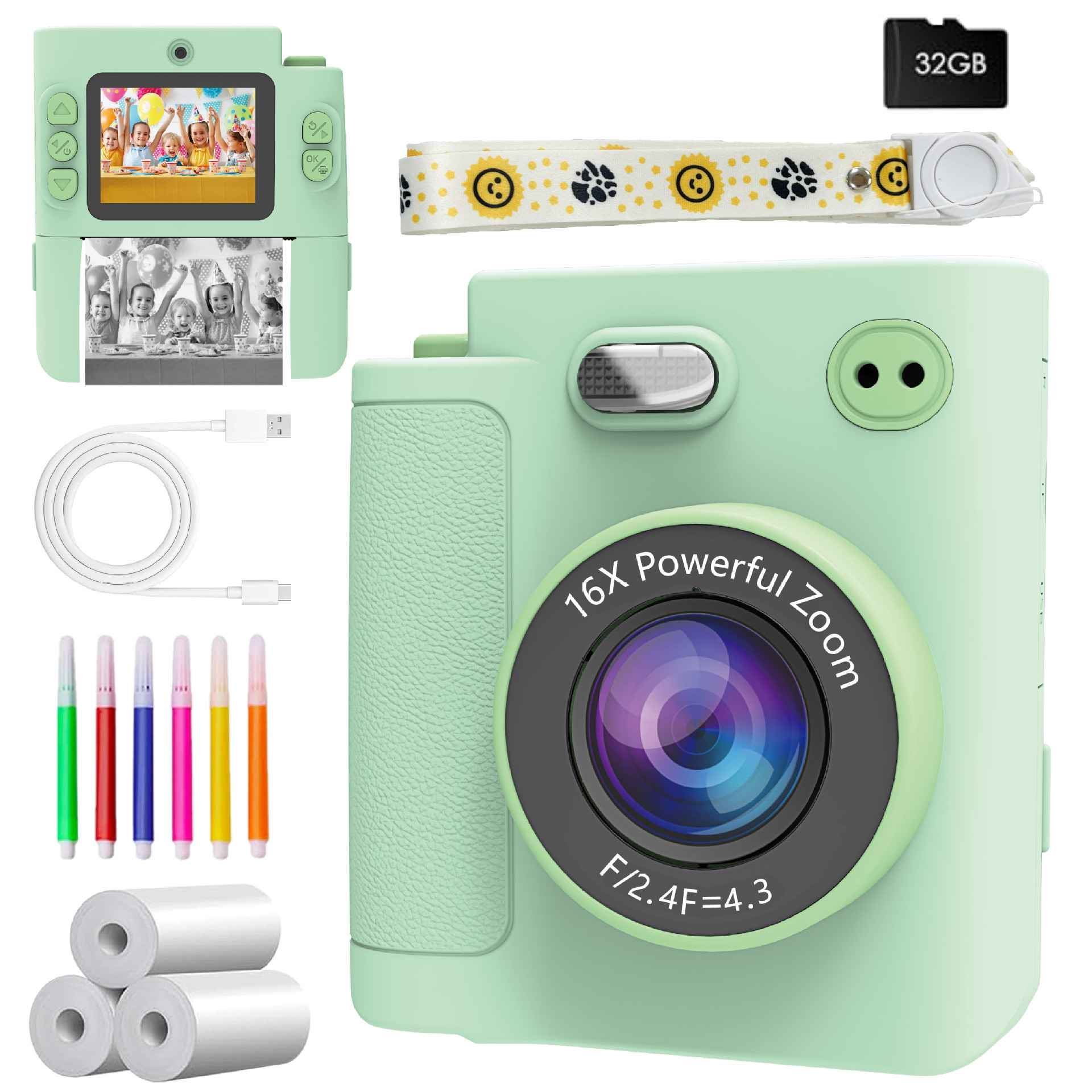 Eine mintgrüne Sofortbildkamera mit Zubehör: 32-GB-Karte, Lanyard, USB-Kabel, Stifte, Papierrollen.