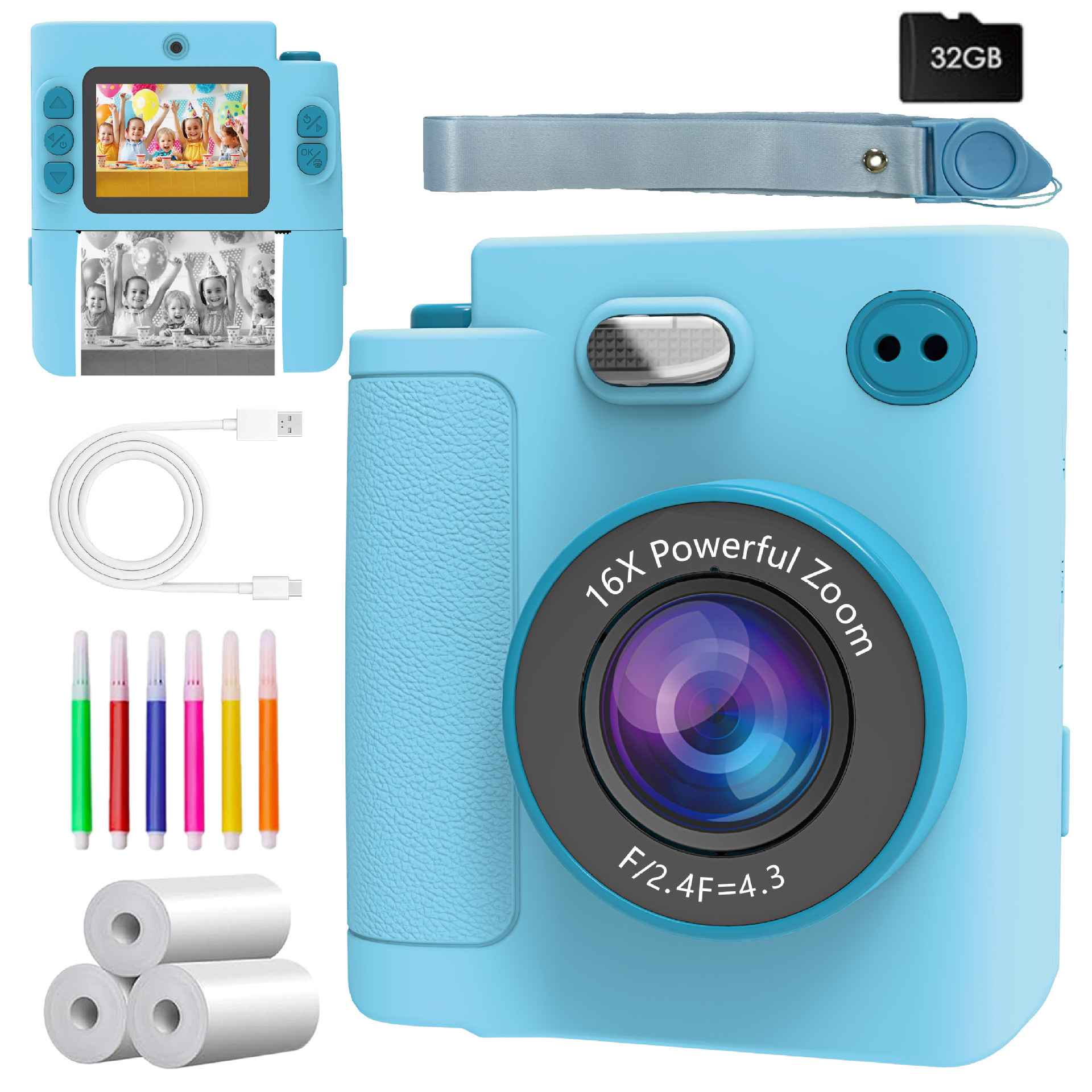 Eine hellblaue Digitalkamera mit Zubehör: 32-GB-SD-Karte, USB-Kabel, Druckpapierrollen und Stiften.