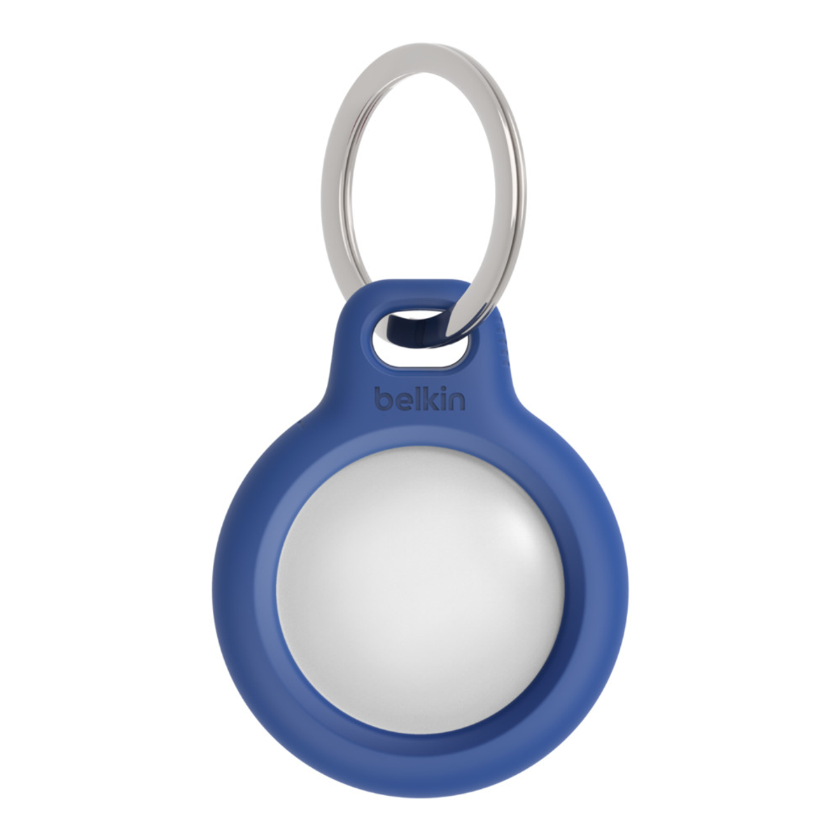 Un portachiavi Belkin blu con centro bianco e anello d'argento.