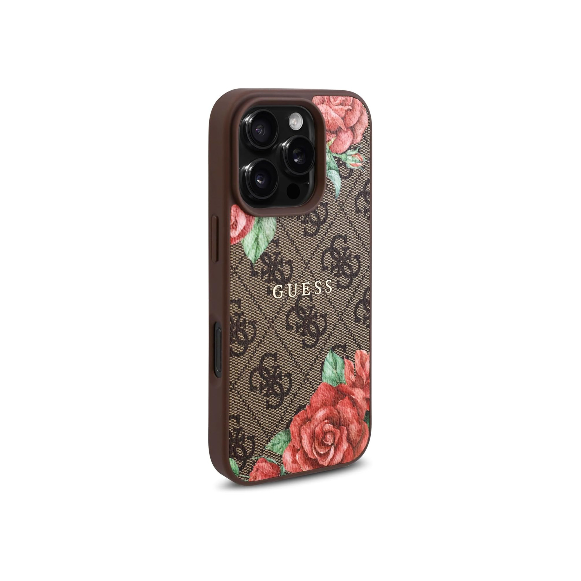Custodia per telefono marrone con logo GUESS e motivo di rose rosse.