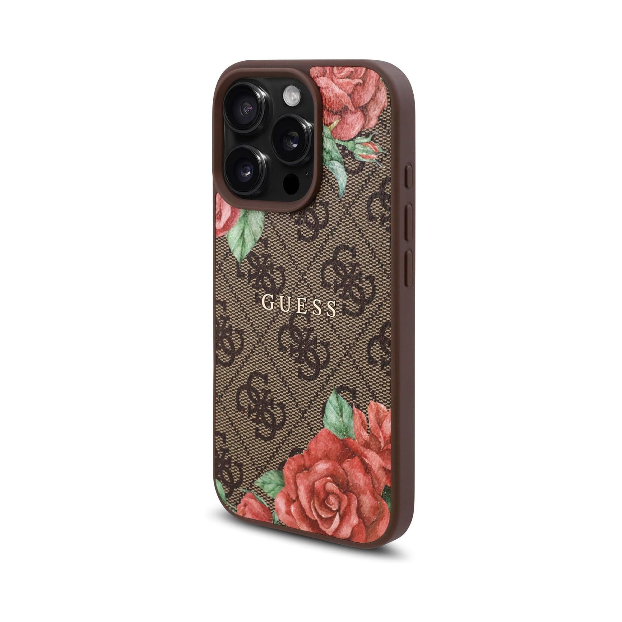 Custodia marrone per telefono con logo GUESS e rose rosse.