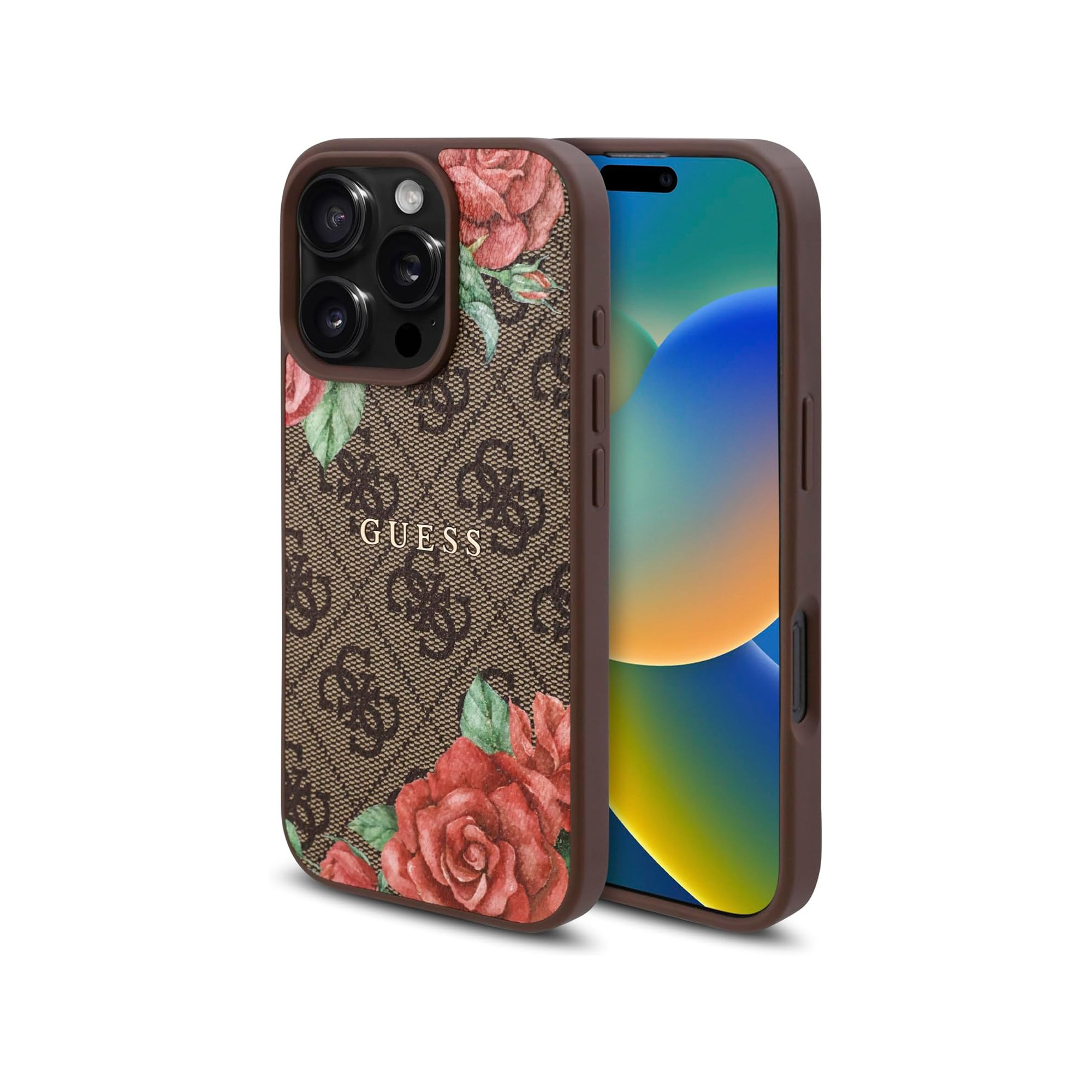 Custodia marrone per telefono con logo Guess e rose rosse, accanto a un iPhone.