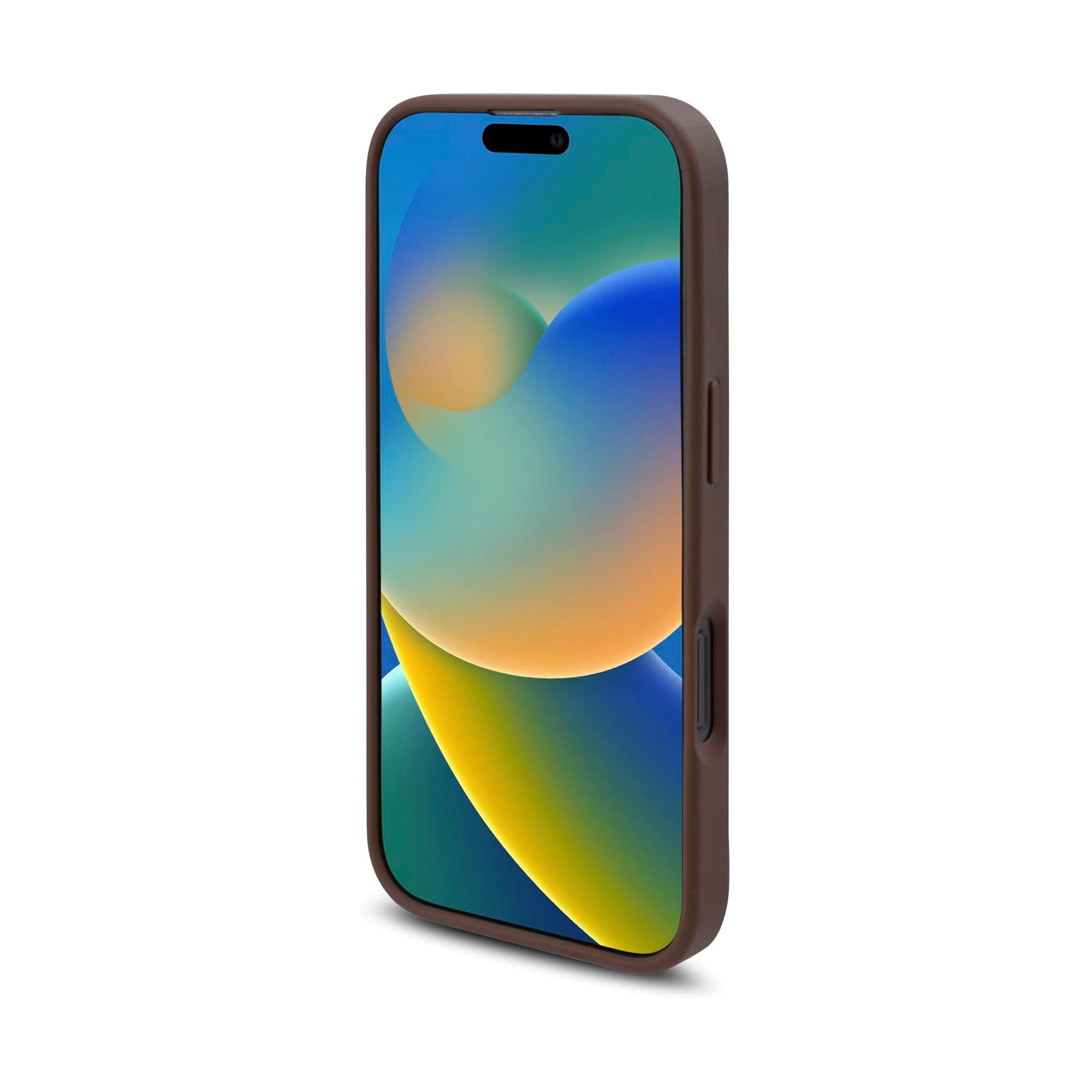 Una custodia marrone per telefono con uno sfondo astratto colorato sullo schermo.