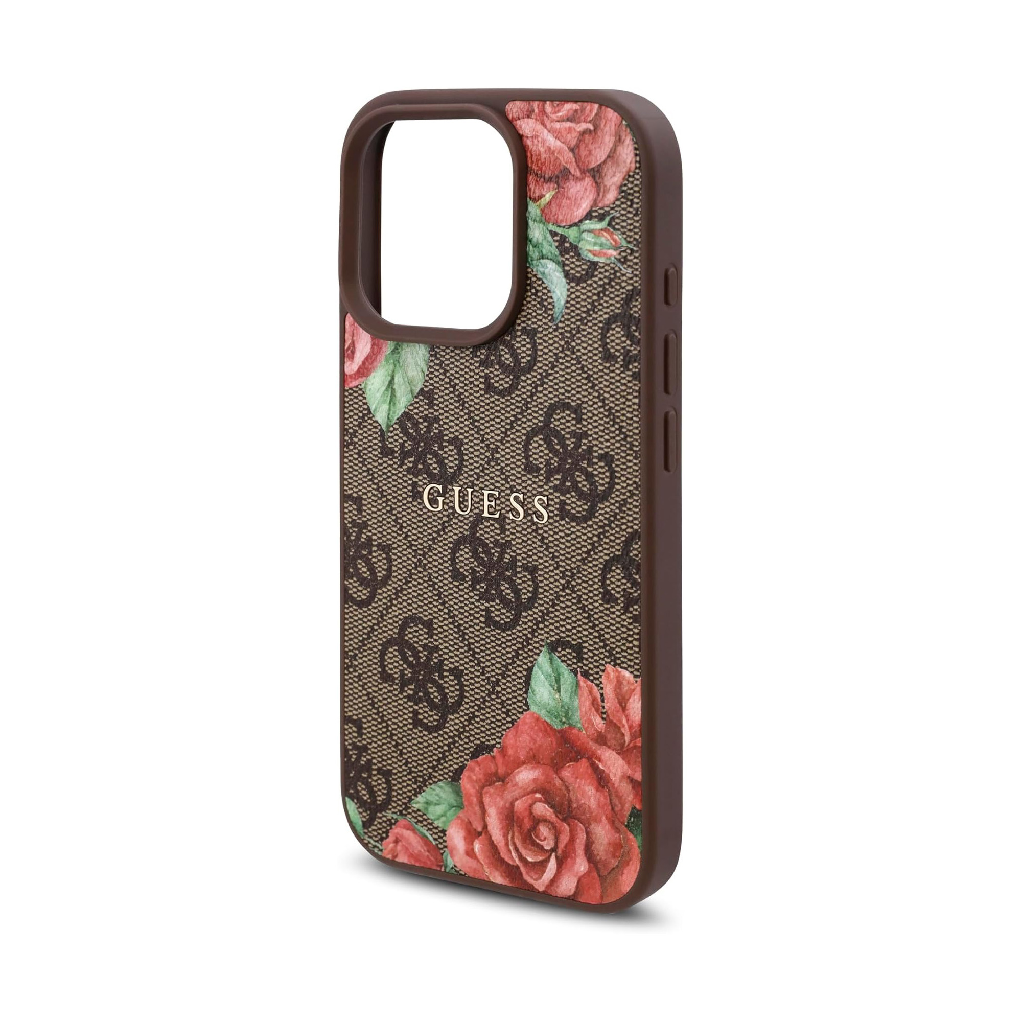 Una custodia per telefono marrone con logo GUESS e rose rosse.