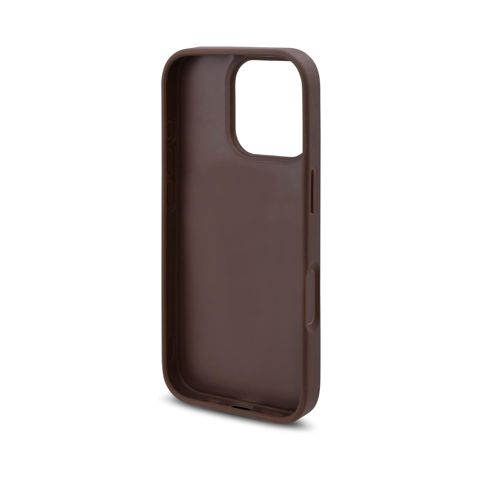 Custodia per telefono marrone scuro con ritagli per fotocamera e porta di ricarica.