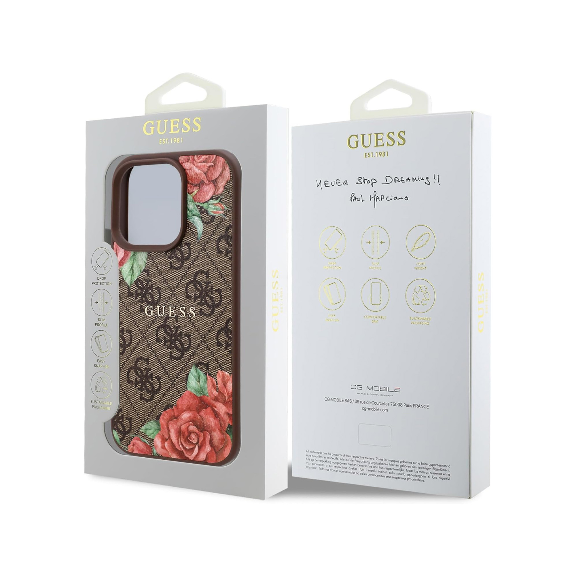 Custodia Guess con motivo floreale, protezione caduta, leggera, comoda.