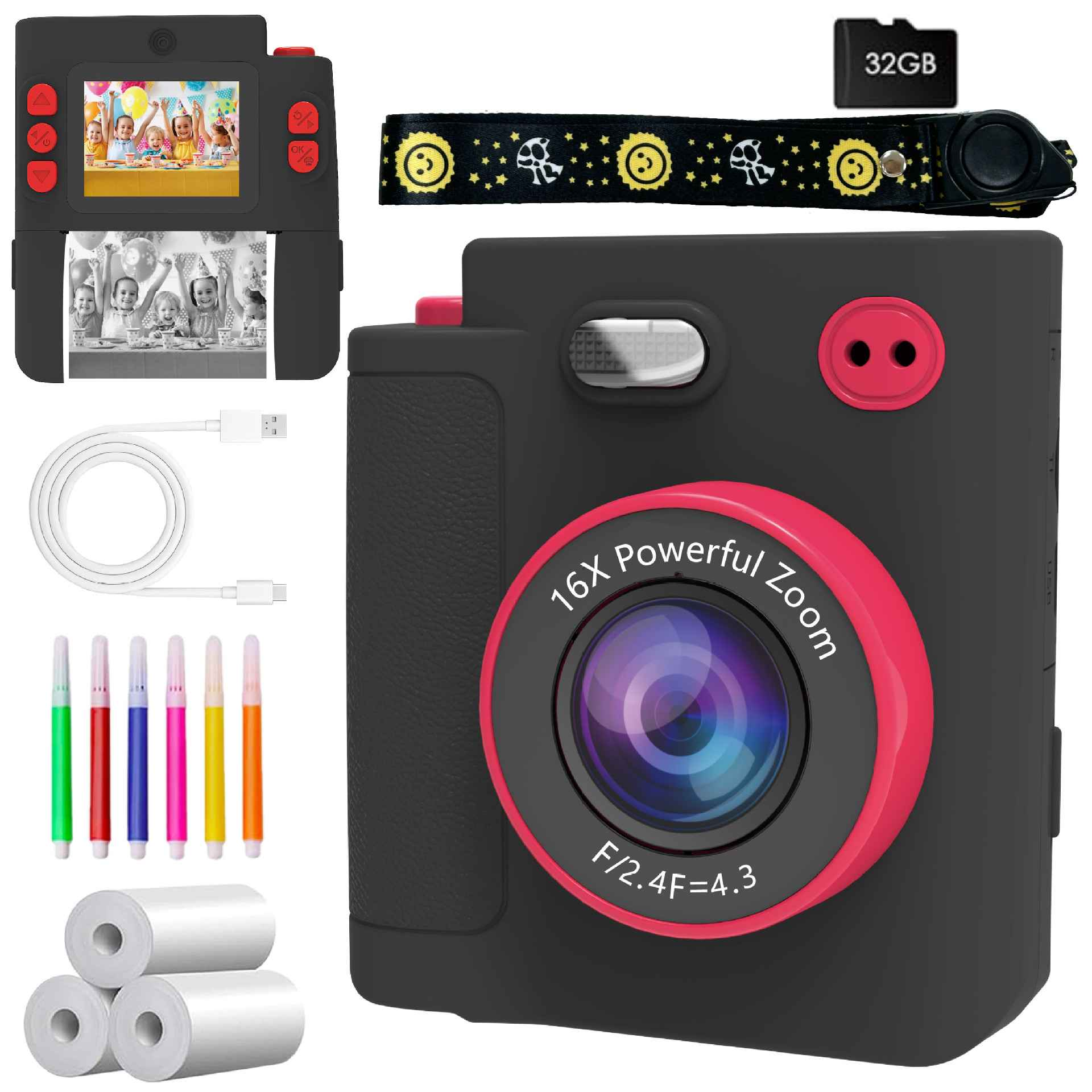 Eine schwarze Digitalkamera mit pinkem Objektivrahmen, Bildschirm mit Kindern, Zubehör.