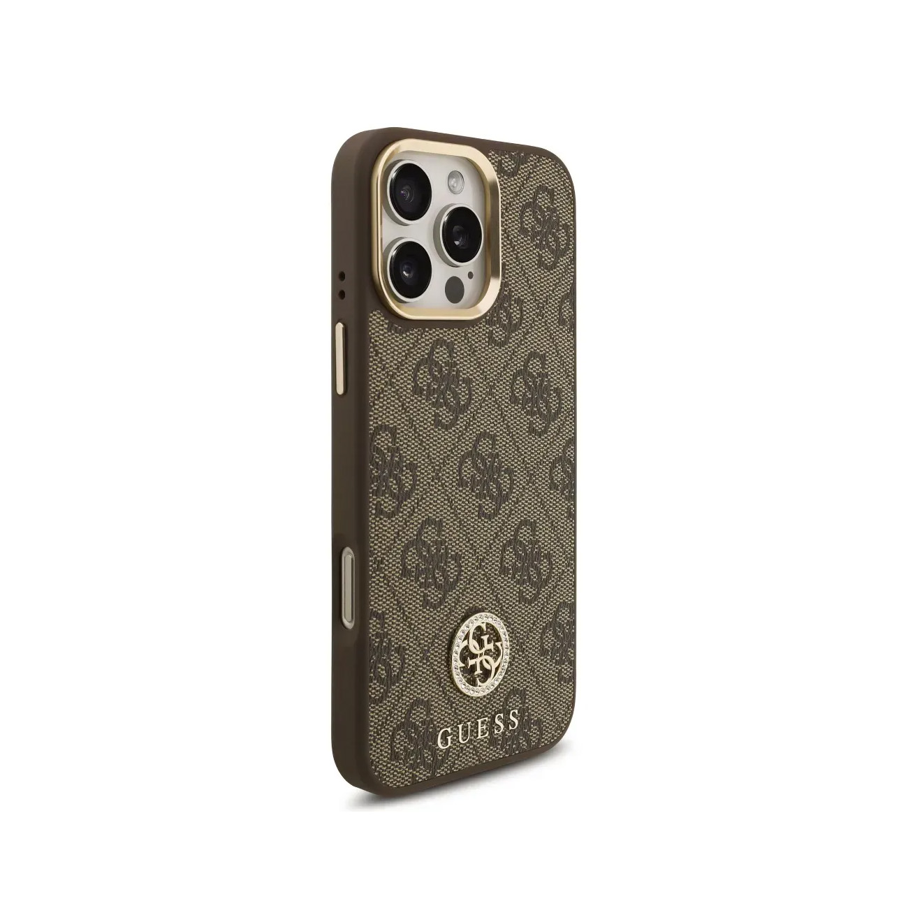 Funda marrón para teléfono con logo Guess y recorte de cámara.
