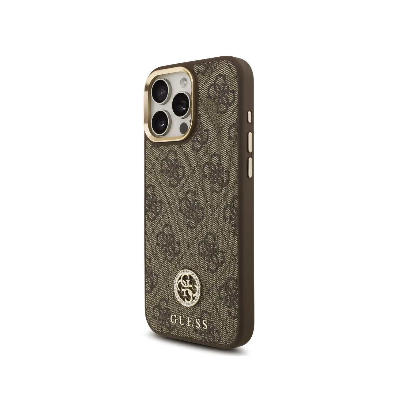 Funda de móvil marrón con logo GUESS y estampado sobre fondo blanco.
