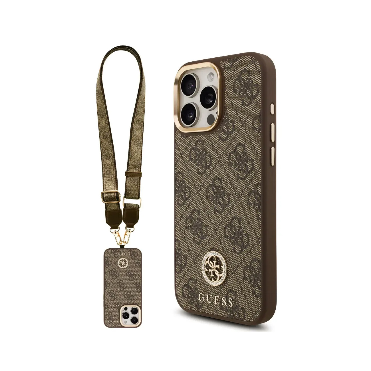 Funda marrón Guess con estampado de logo y correa desmontable.