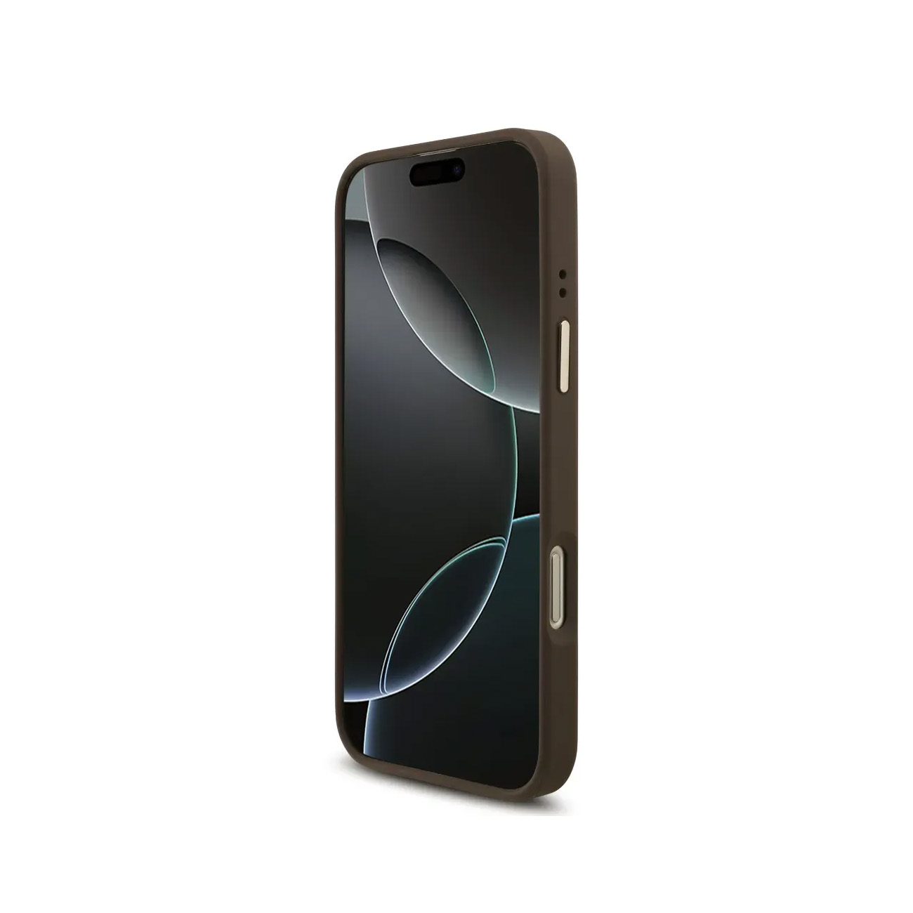 Funda de teléfono marrón oscuro con pantalla oscura, sobre fondo blanco.