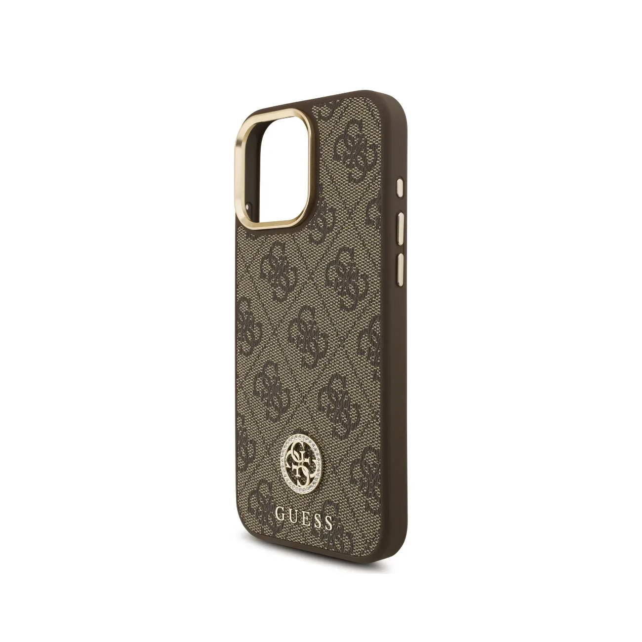 Funda de teléfono marrón con logo y patrón GUESS.
