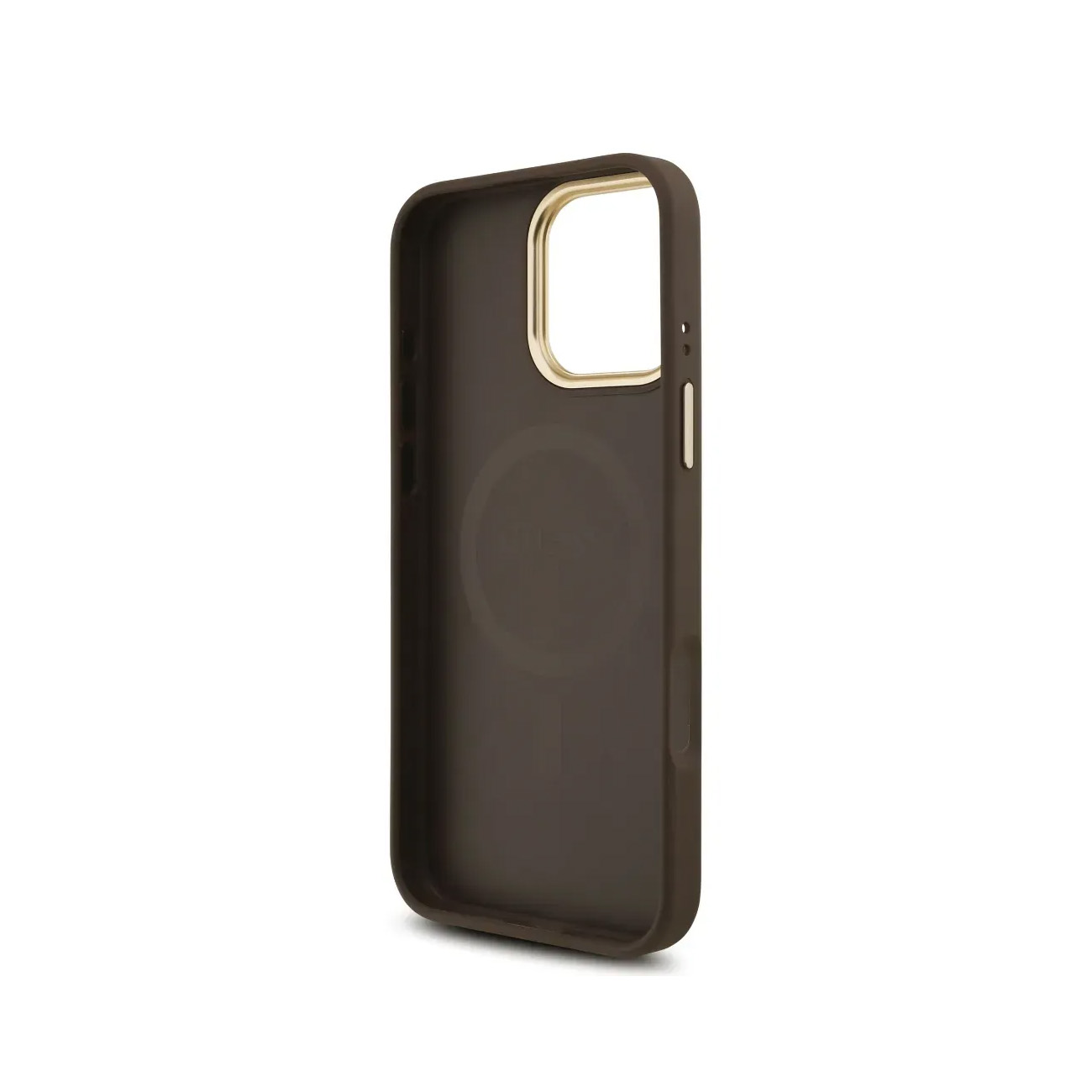 Funda marrón oscura con borde dorado, para un iPhone.