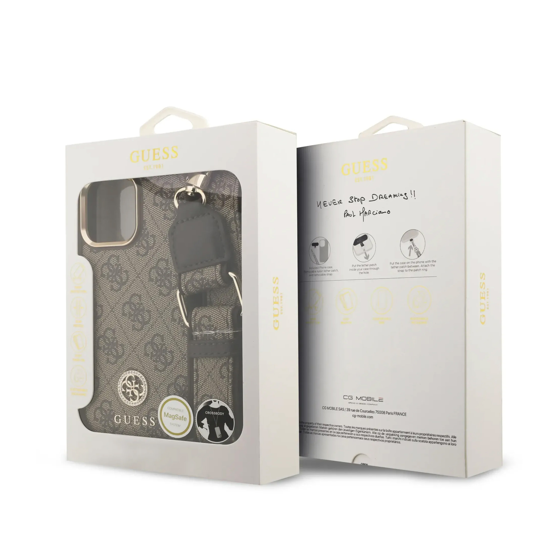 Funda Guess con monograma y correa extraíble en embalaje blanco.