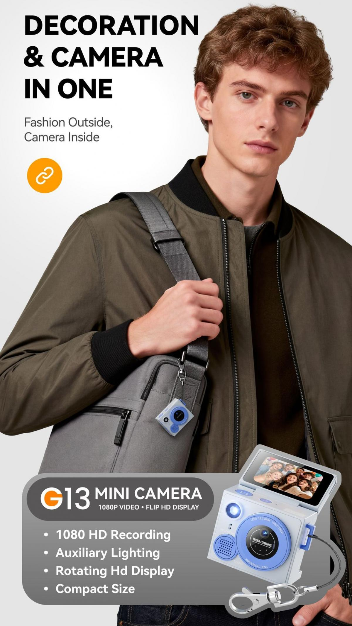 Mann mit Tasche und kleiner Kamera. Text: Dekoration & Kamera in einem.