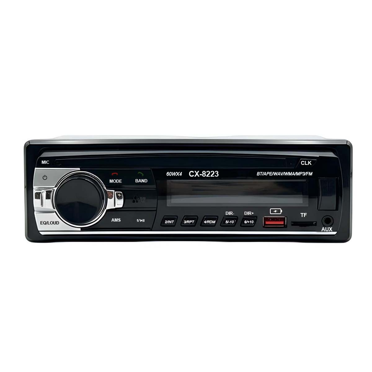 Una radio de coche negra con pantalla, pomo giratorio y botones.