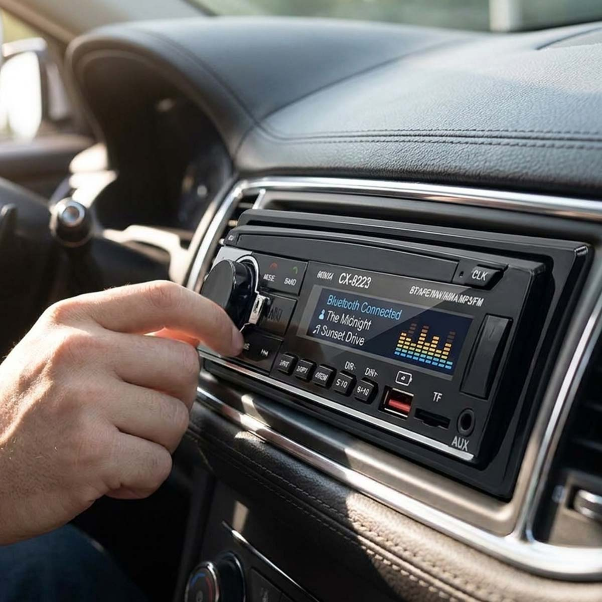 Una mano gira una radio de coche que muestra Bluetooth, música y ecualizador.